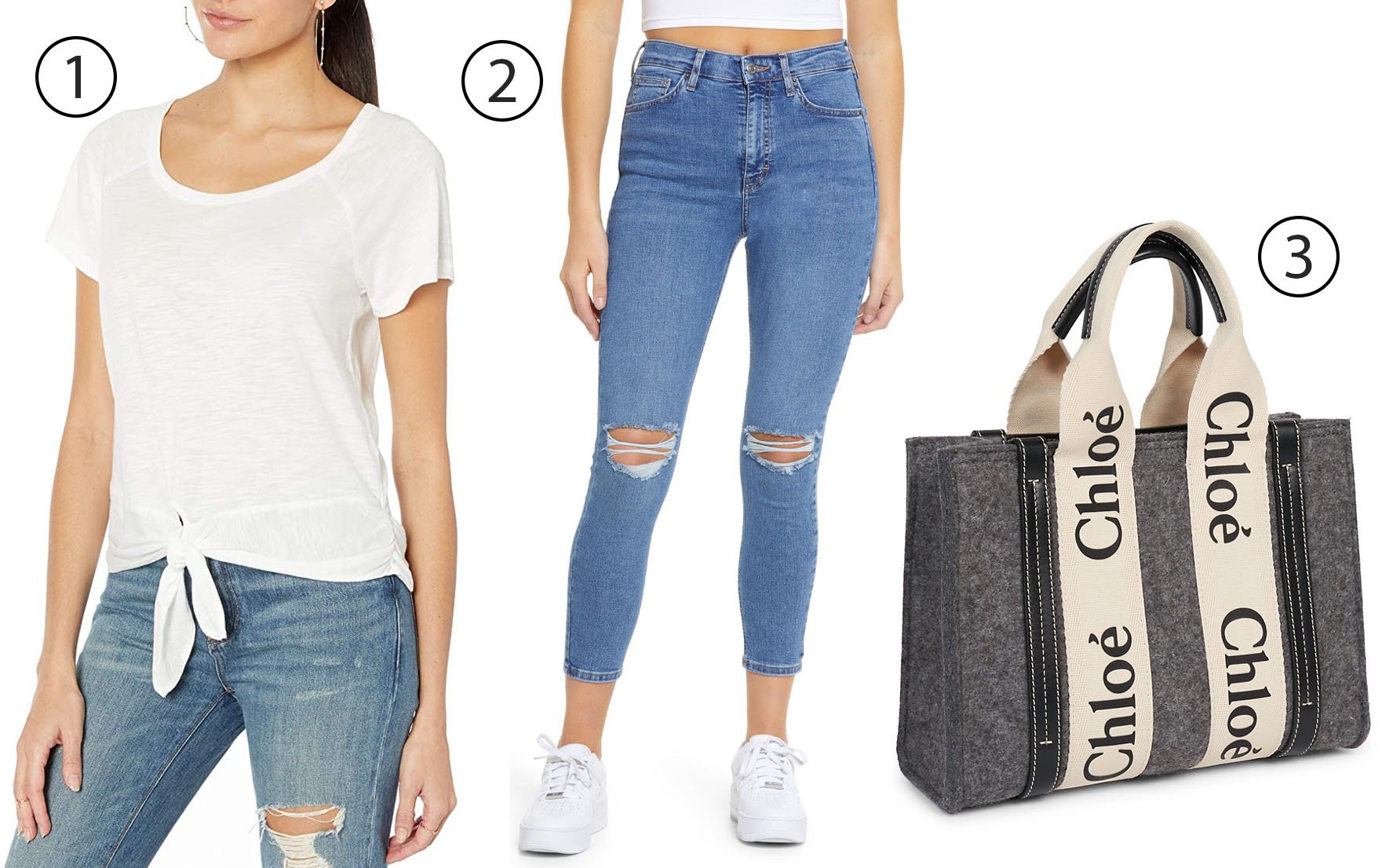 Elevate your casual style with this iconic combo: a ruched Sanctuary Lou Tie Tee and Topshop Jamie Ripped Ankle Skinny Jeans, complemented by a Chloe Woody Small Crossbody Felt Tote