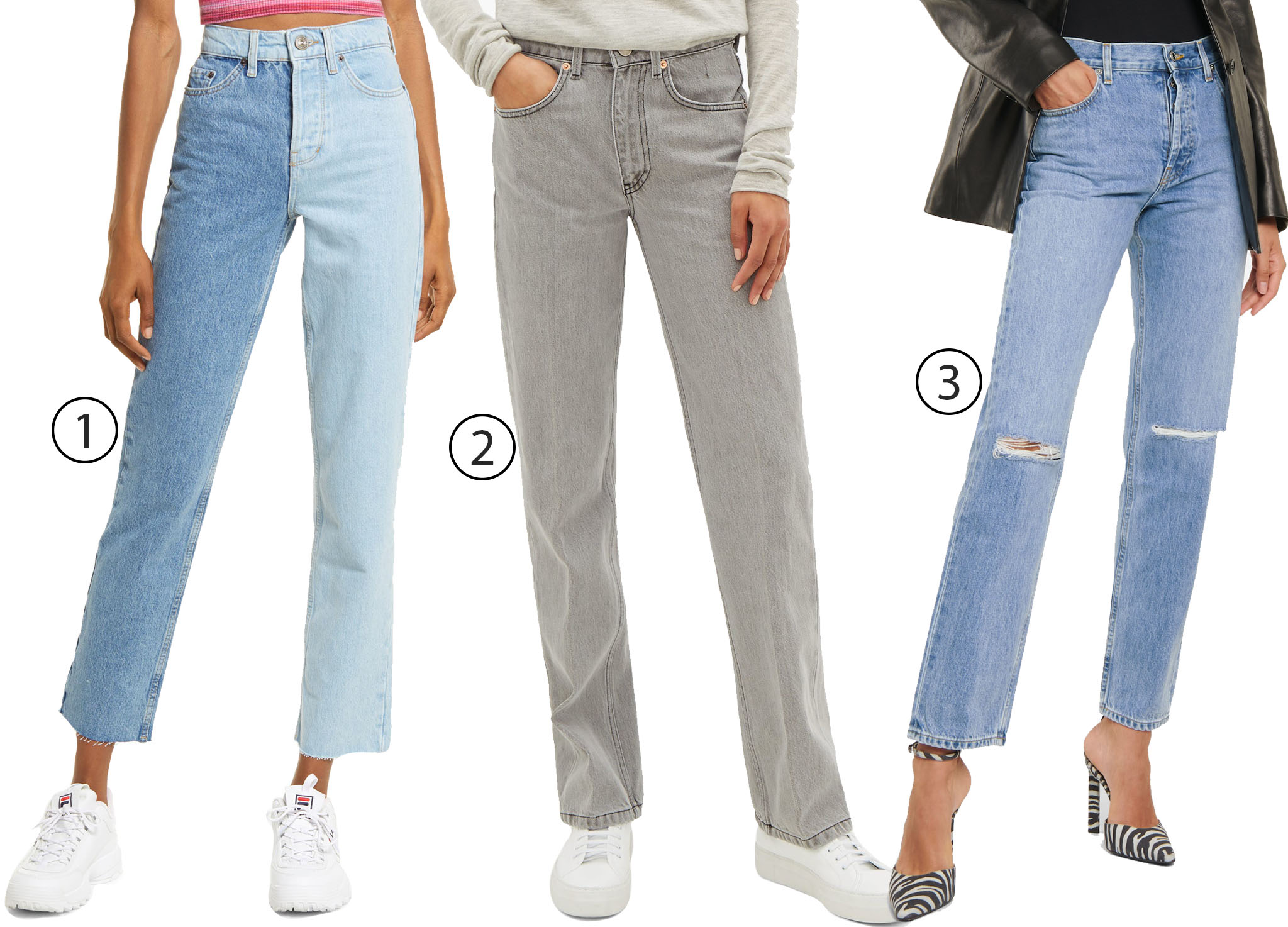 Update your closet with BDG Urban Outfitters two-tone Pax straight-leg jeans, Raey Push straight-leg jeans, and Helmut Lang distressed high-rise straight jeans for a versatile, chic look