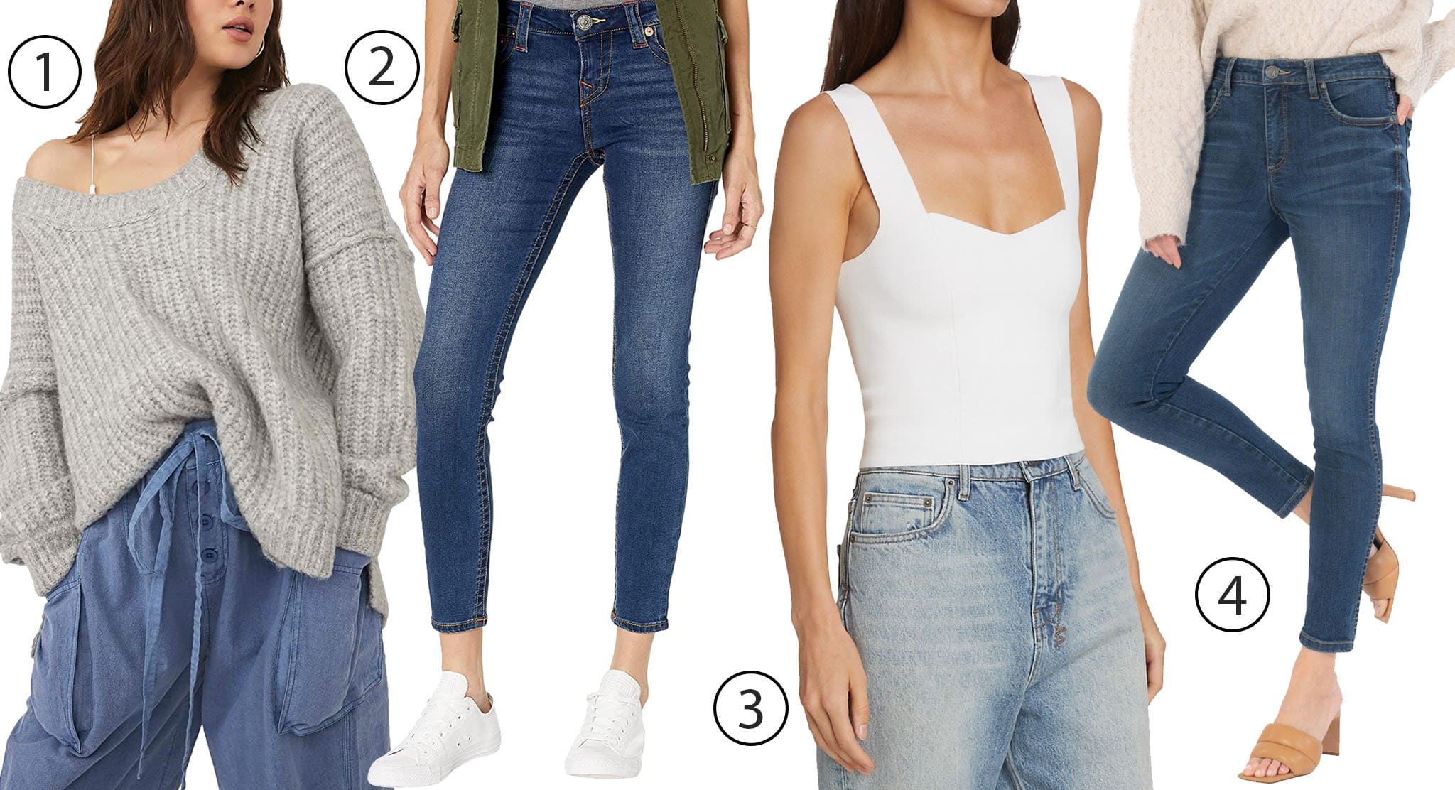 1. Free People Blue Bell V-Neck Sweater 2. True Religion Stella Low Rise Skinny Jeans 3. A.L.C. Jordana Crop Top 4. Kut from the Kloth Donna Fab Ab High Waist Ankle Skinny Jeans