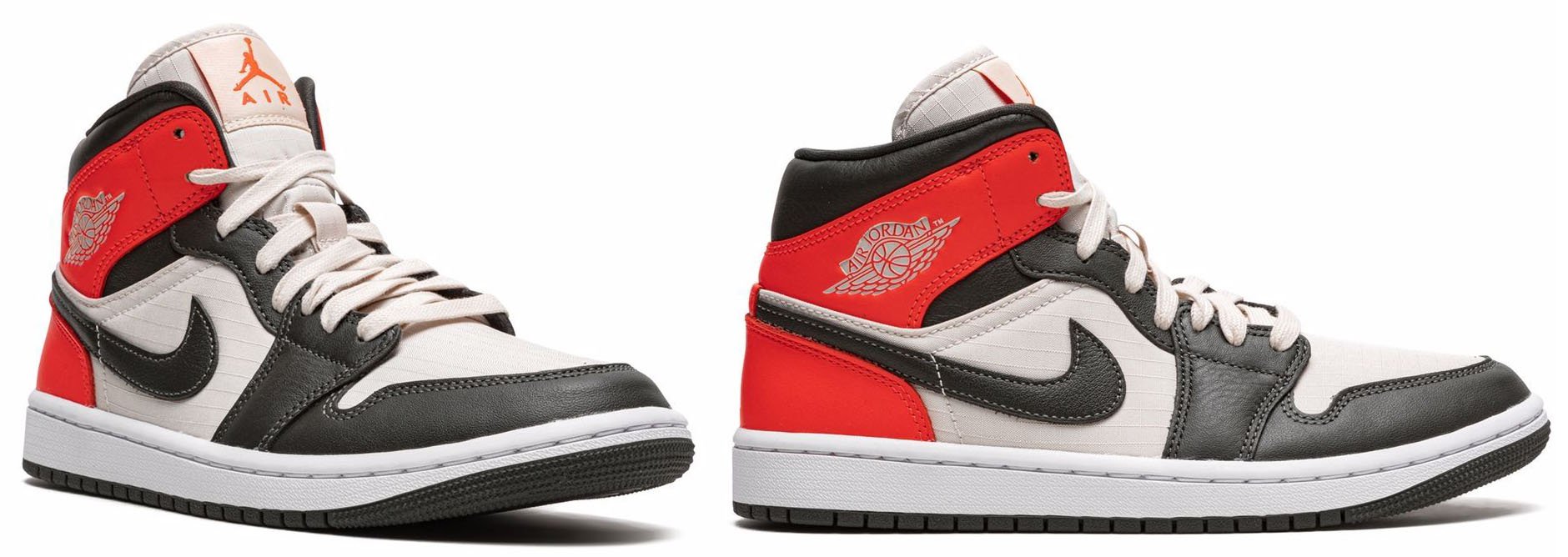This red, black, and white Air Jordan Mid SE features a subtle grid pattern, finished with the iconic Air Jordan Wings logo and signature Swoosh logo detail