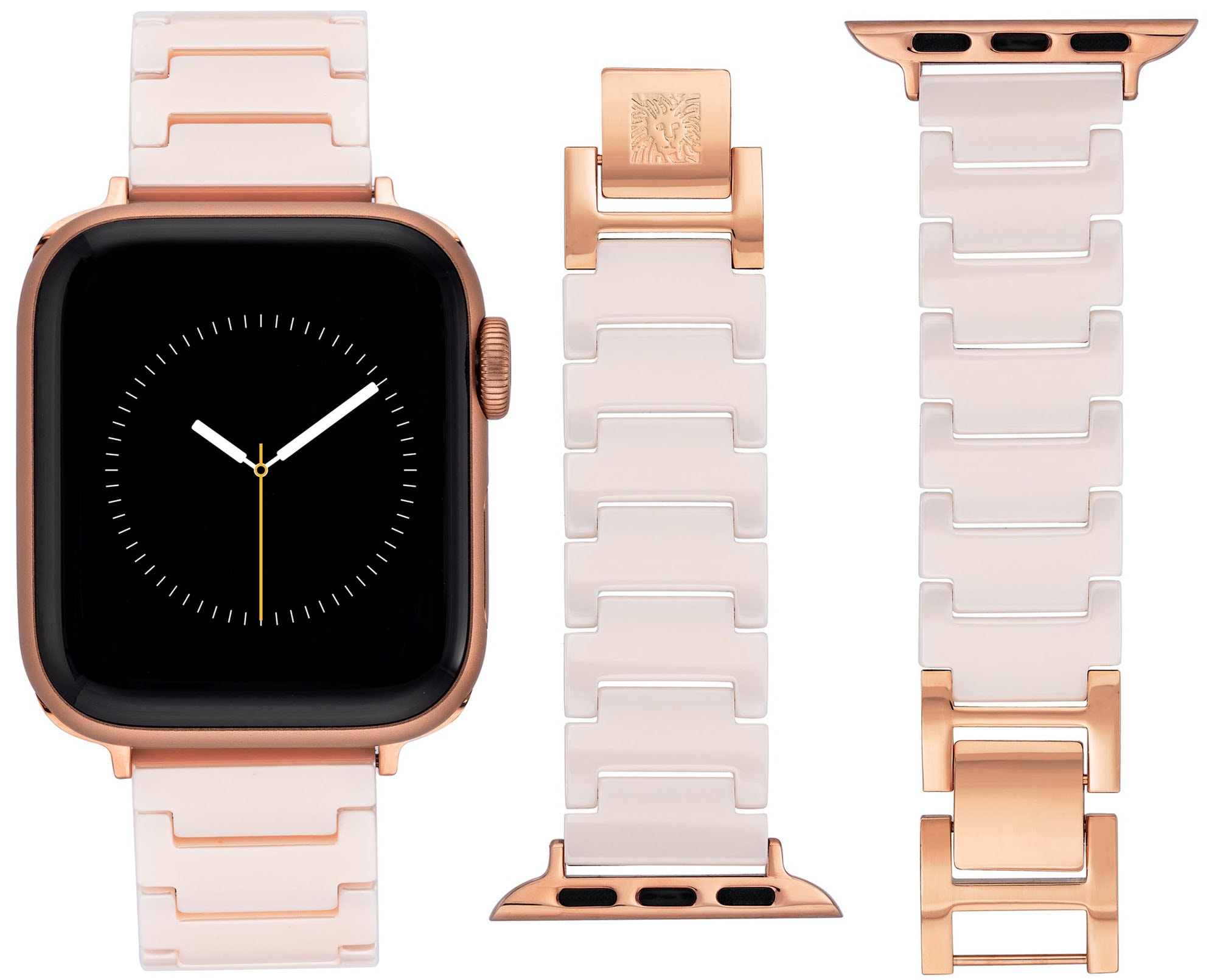Anne Klein's Apple Watch band is crafted from smooth ceramic links liquid-shine stainless steel, offering a sleek finish