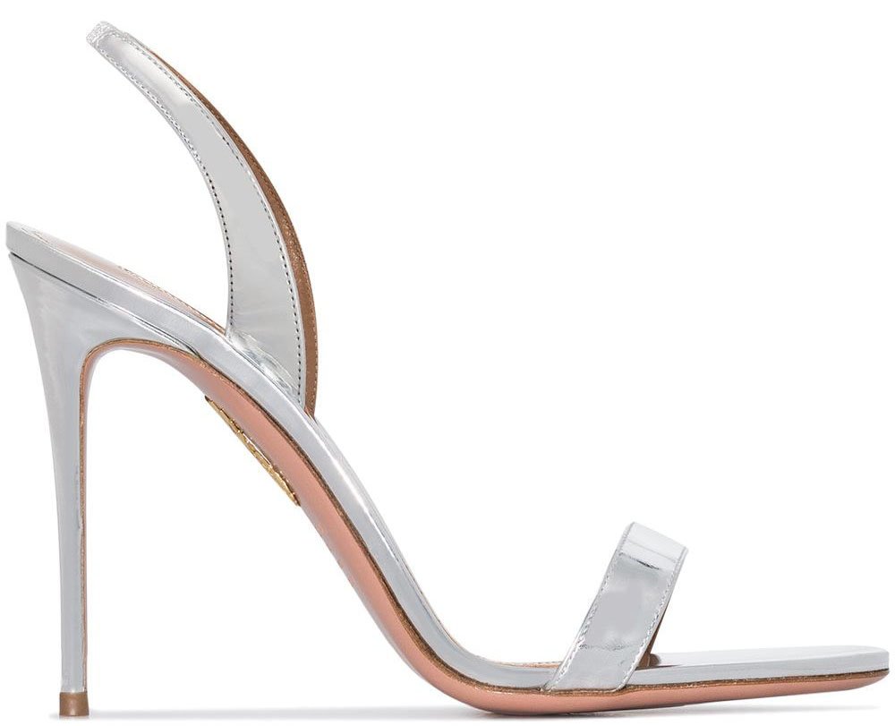 These light-catching Aquazzura So Nude sandals have silver patent slingback straps and toe straps