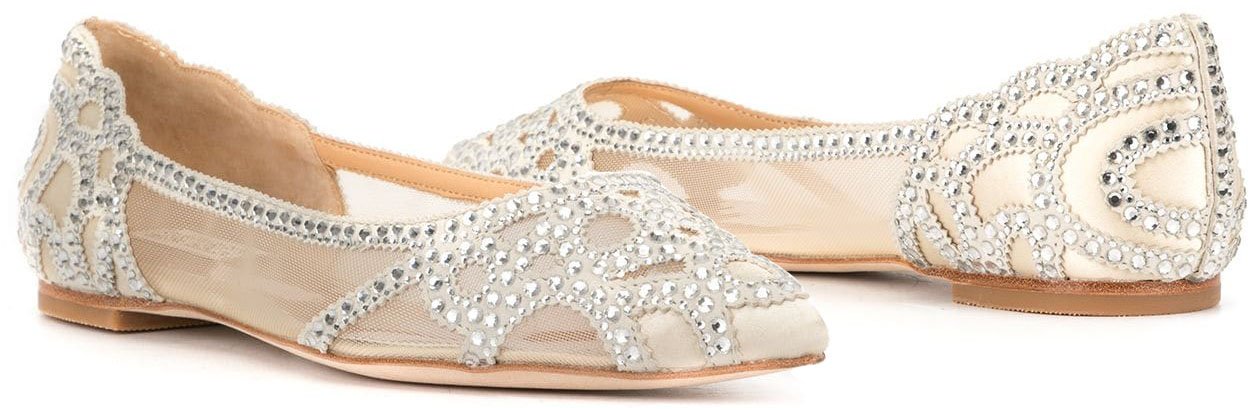 Art Deco-inspired rhinestone crystals and sheer mesh panels define these comfy yet elegant wedding flats from Badgley Mischka