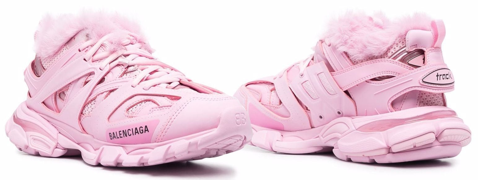 This monochrome baby pink version of Balenciaga's Track sneakers are made from rubber and mesh and are updated with faux-fur collar and lining