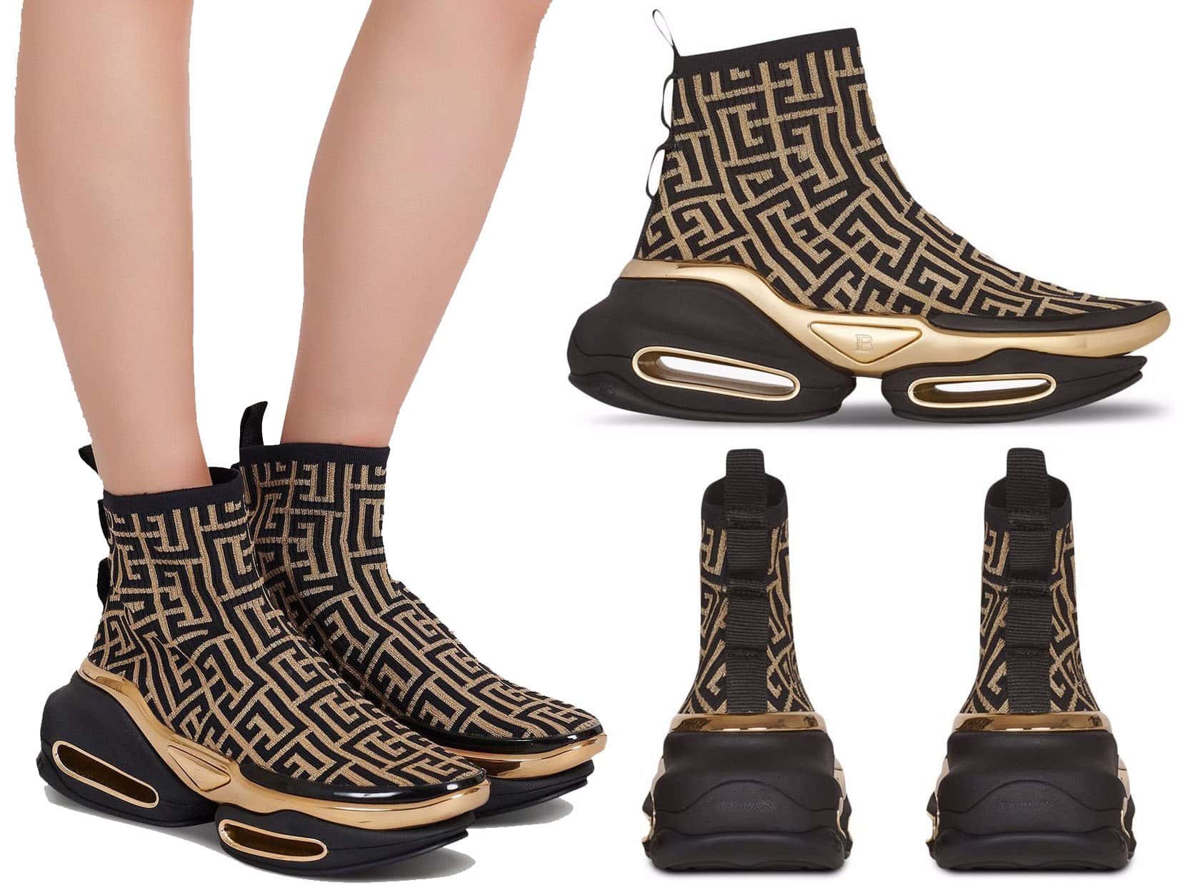 Balmain's futuristic sneakers, the B-Bold monogram knitted slip-on sneakers have sculpted platforms and are included in the brand's Spring/Summer 2022 collection in a black and gold iteration