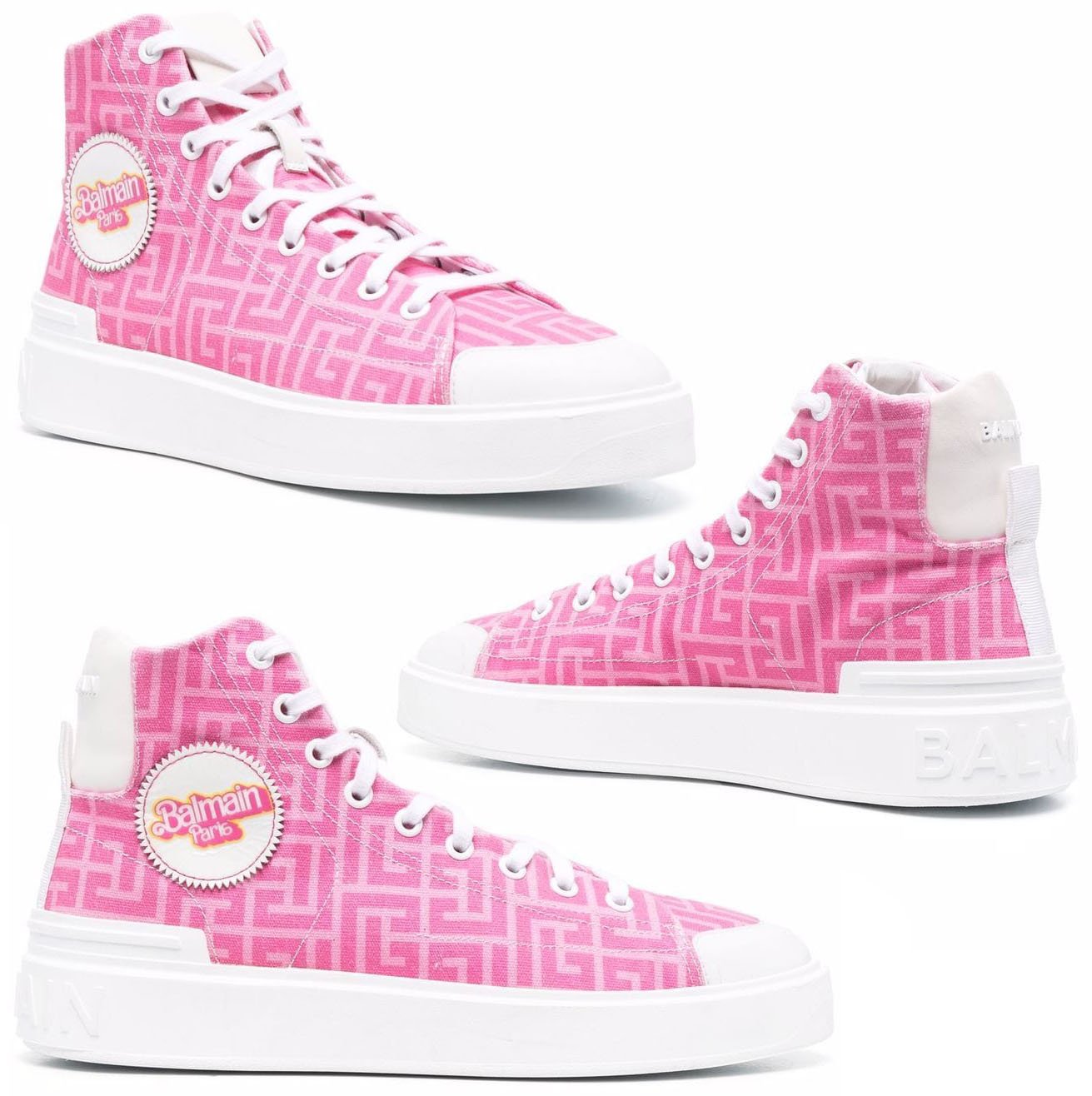 Barbie's pink signature color is incorporated on these monogrammed Balmain B-Court hi-tops, complete with a Balmain Paris logo patch on the outer side