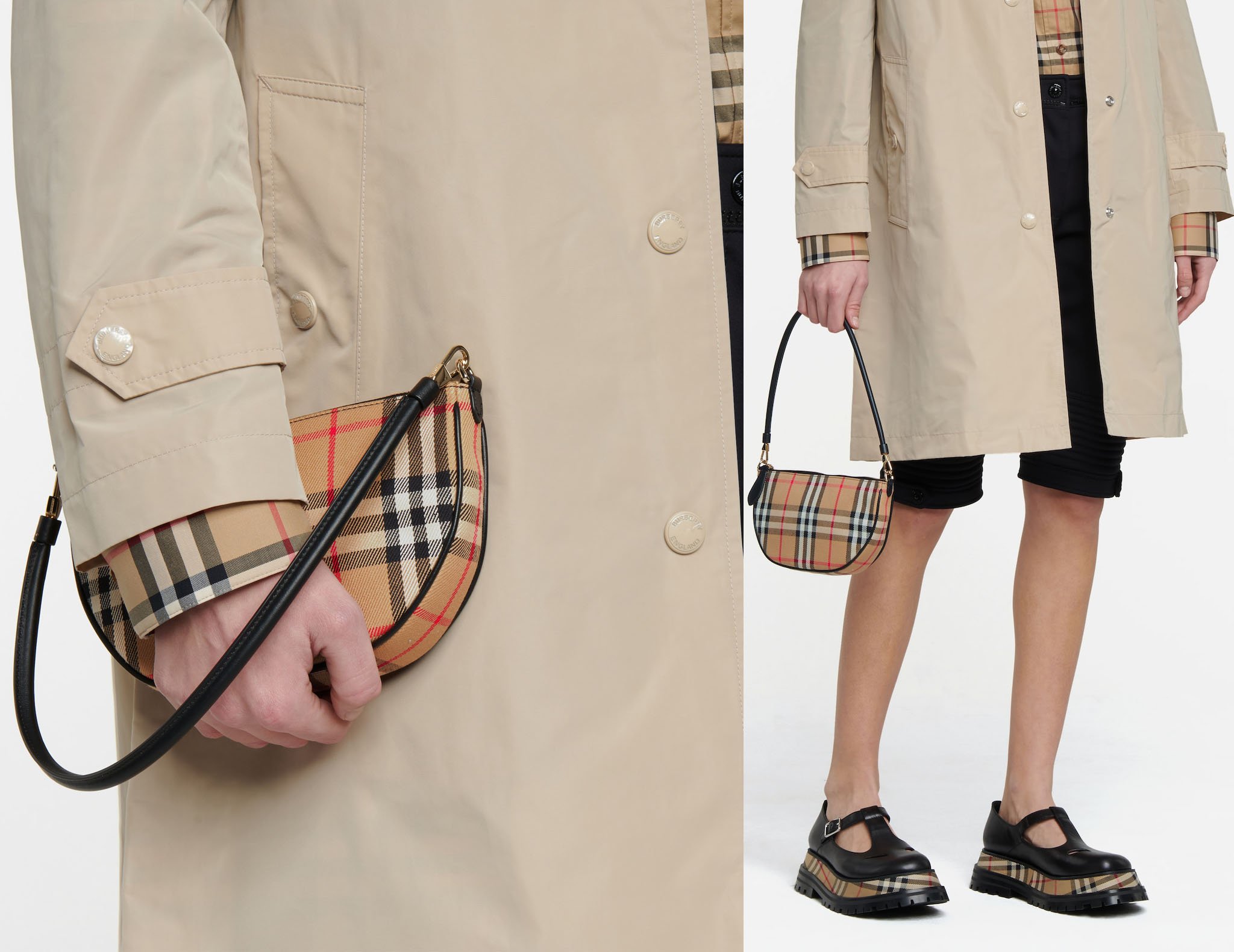 Burberry revives an iconic '90s silhouette in the Olympia bag presented in the house's vintage check pattern, complete with a detachable leather rolled handle