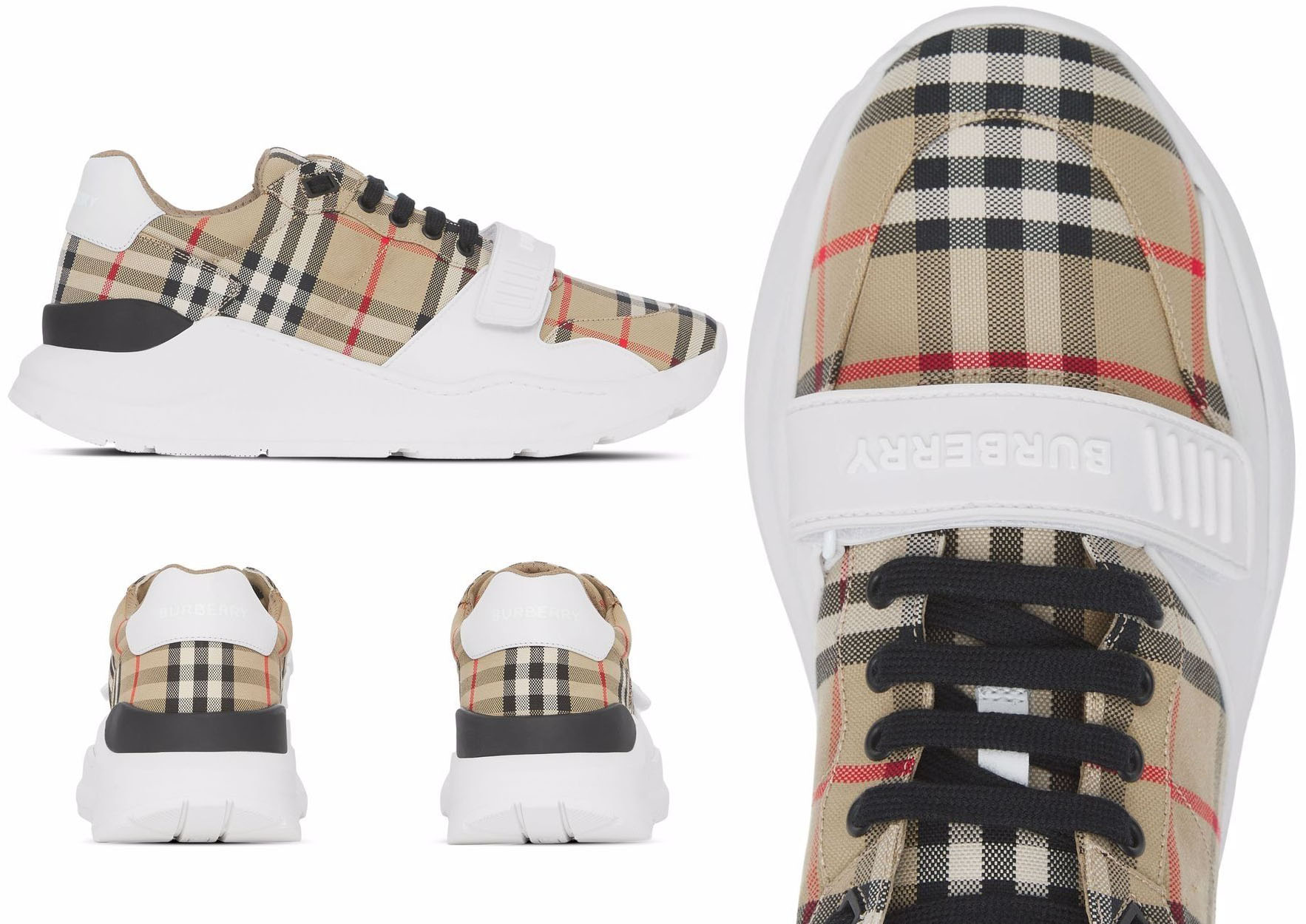 These Burberry sneakers feature the brand's signature check pattern, rubber soles, and a branded touch-strap fastening across the front foot