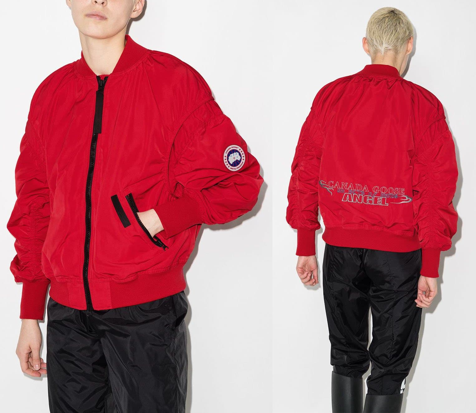 Angel Chen updates Canada Goose's signature Huji bomber jacket with voluminous sleeves and ruching details