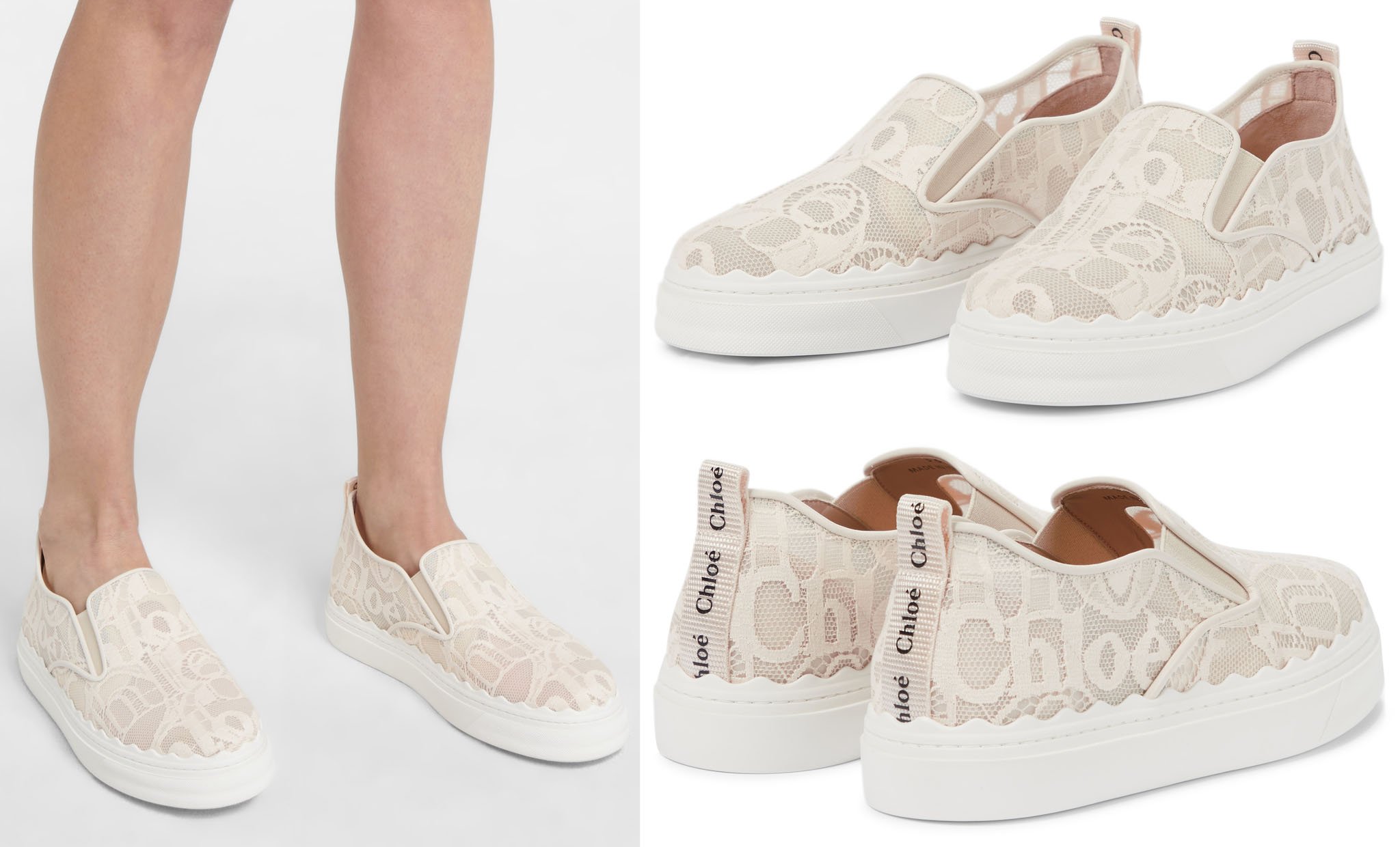 Chloe updates its signature slip-on sneakers in intricate, logo-adorned lace with scalloped trims for an ultra-feminine finish