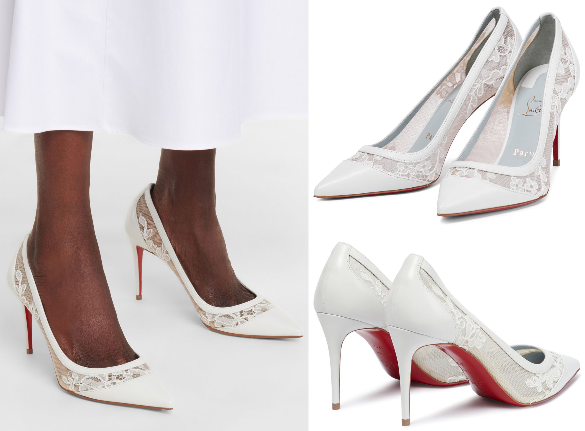 A chic option for the modern bride, these Galativi pumps from Christian Louboutin come in classic white with delicate floral lace paneling