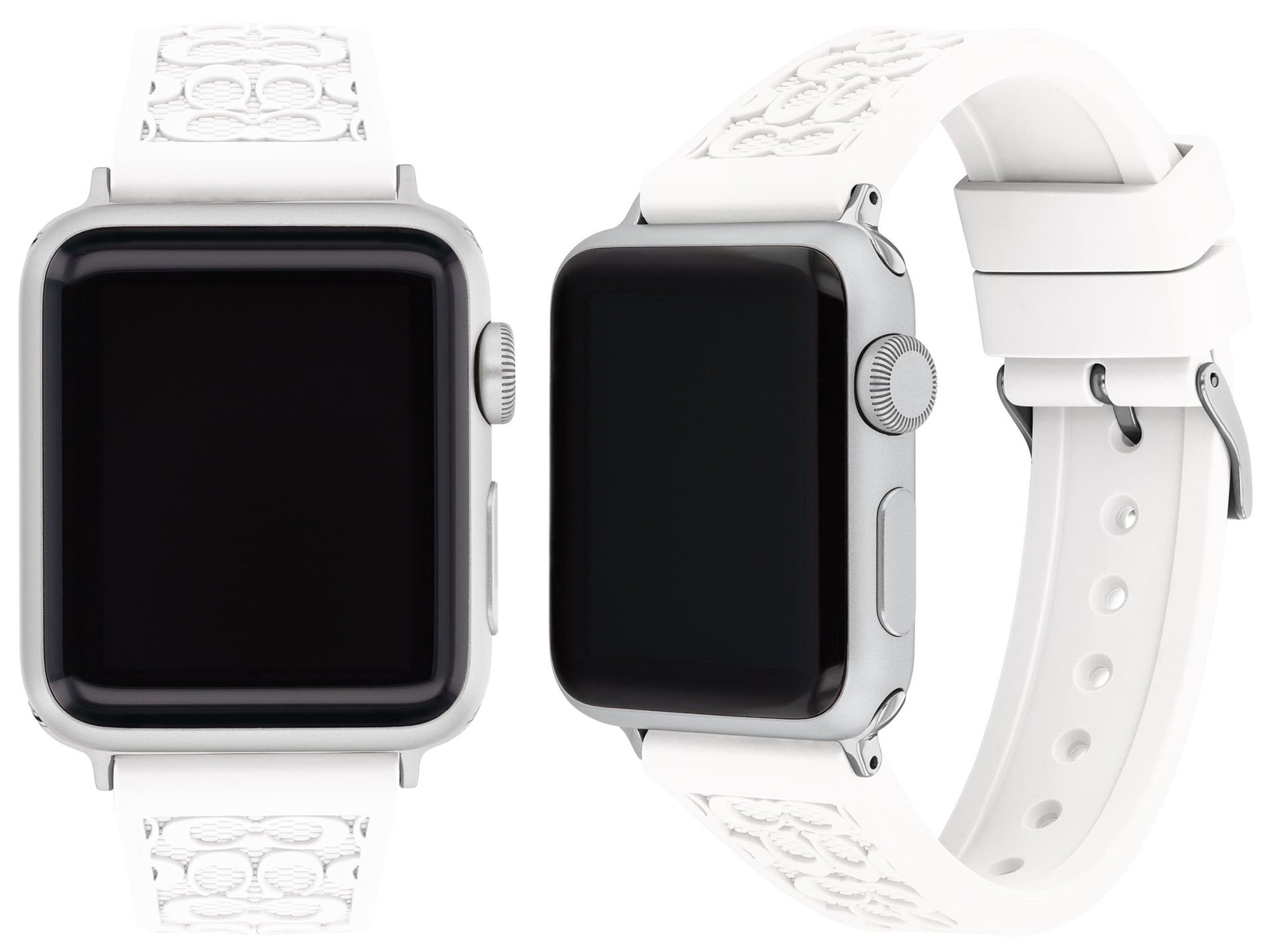 Sleek yet sporty, this Coach Apple Watch band features iconic Cs that texture the matte silicone rubber material