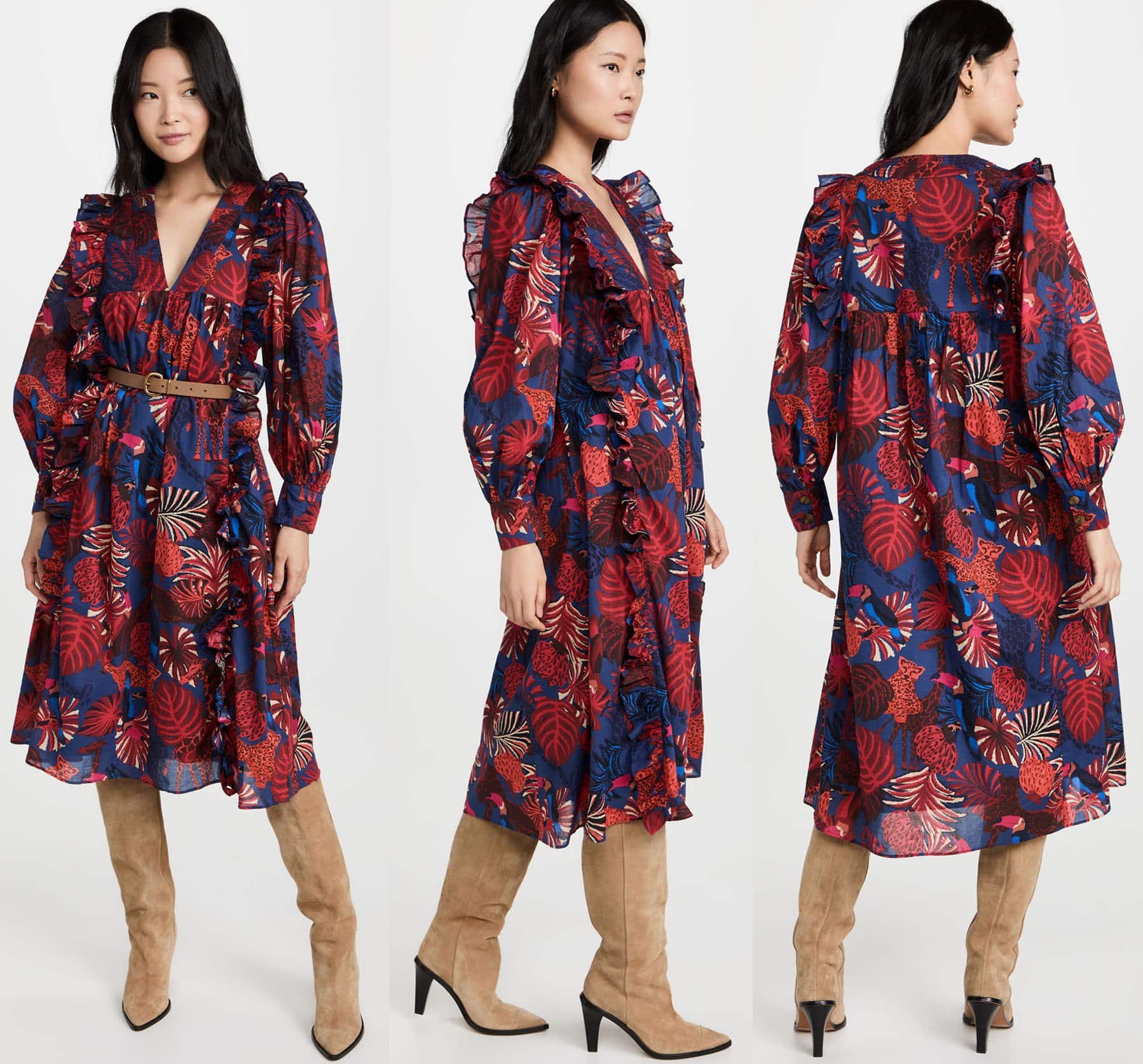 Tropical flora and fauna prints define the Animals Tapestry dress, cut from crisp cotton in a flowy, relaxed silhouette with shoulder ruffles