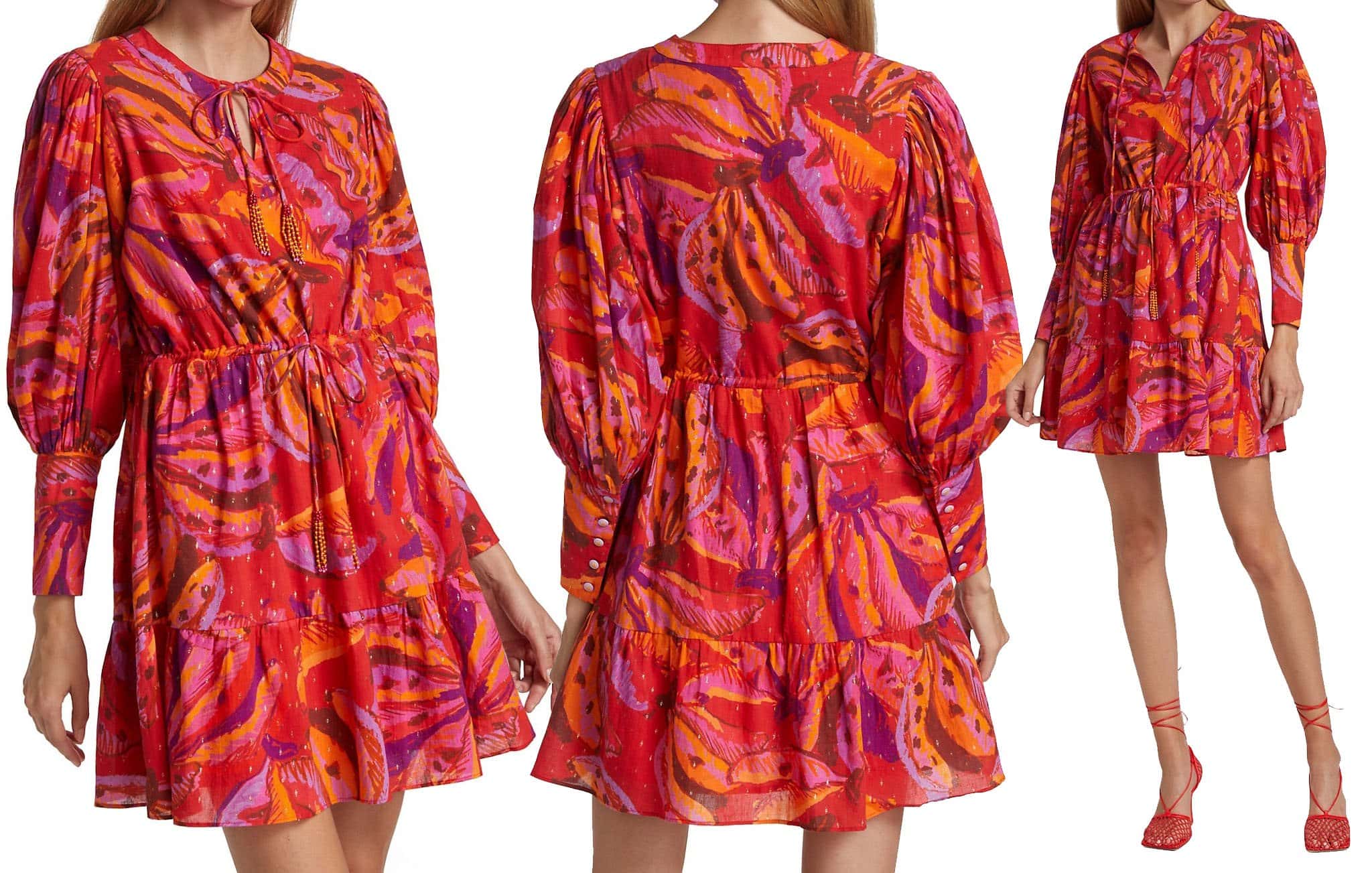 The aptly named Banana Juice mini dress features an all-over banana print, a breezy silhouette, a split neck, and drawstrings with beaded tassels