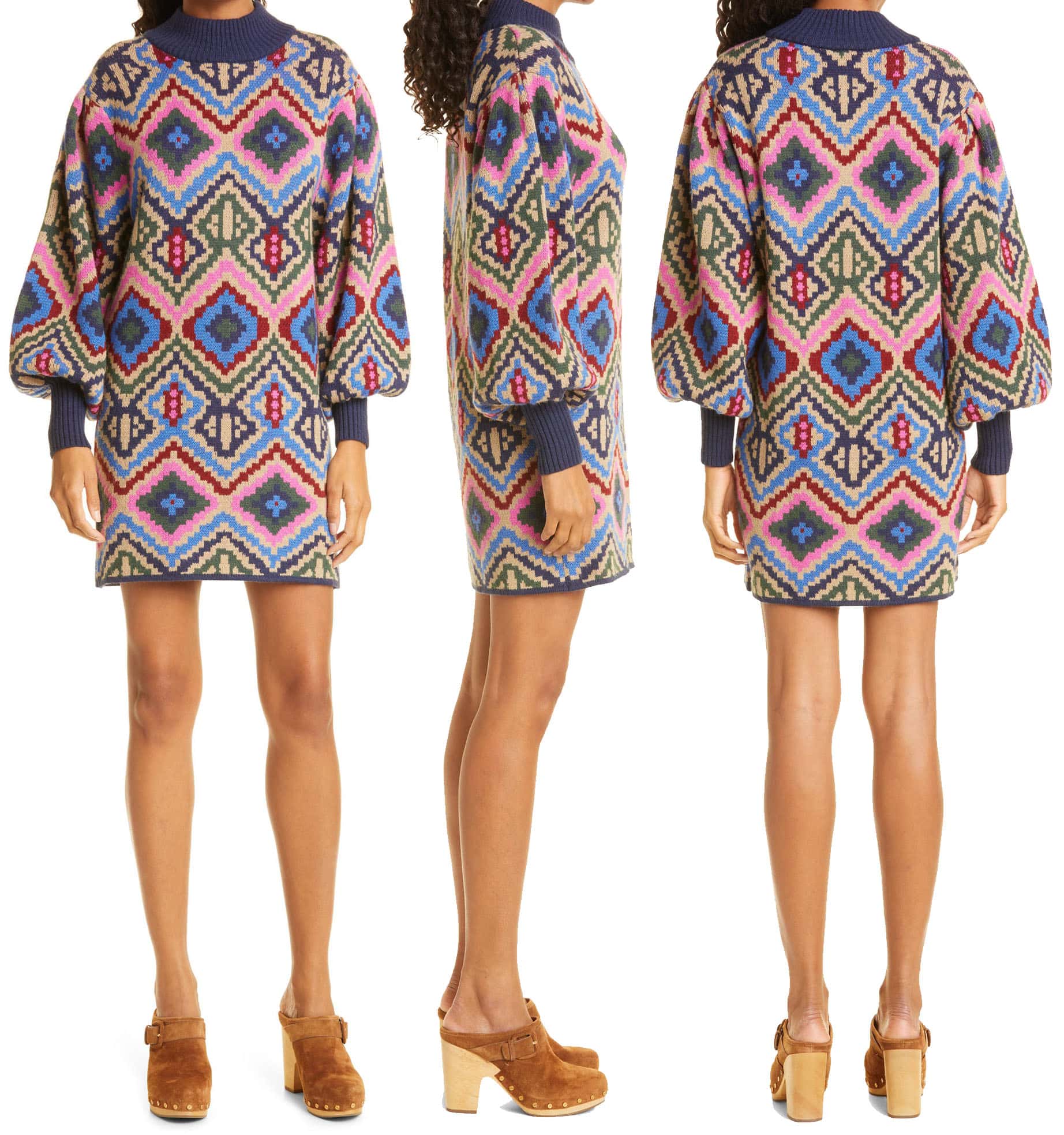 Created in partnership with the Yawanawa people, the Rauti mini sweater dress has a vibrant pattern and ribbing at the high neck and elongated cuffs