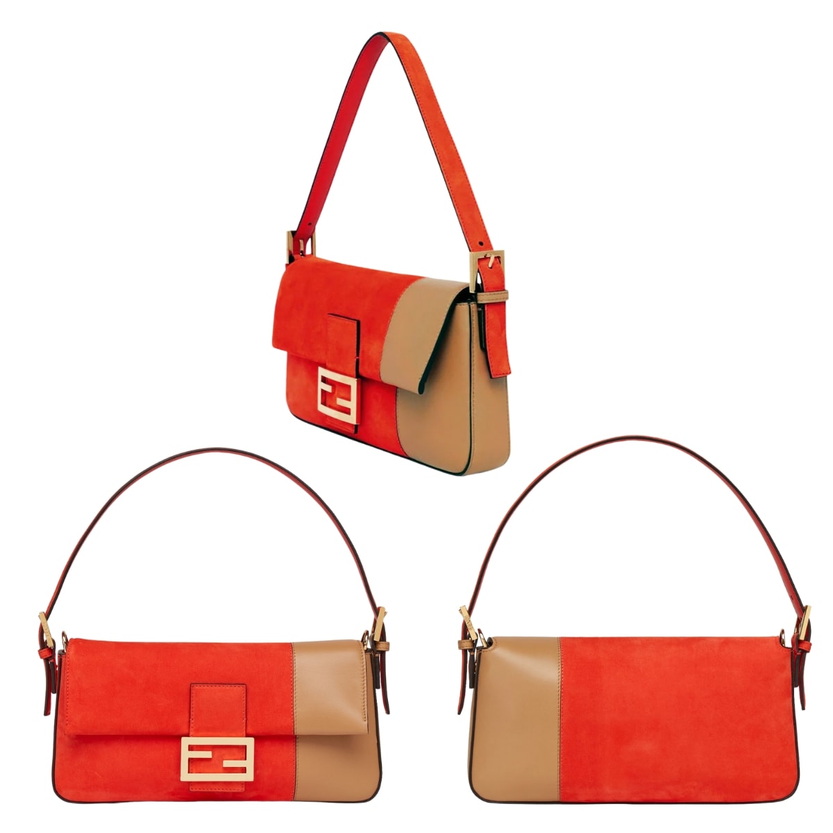 Fendi's medium Baguette 1997 bag made of red suede and beige leather is decorated with an FF clasp
