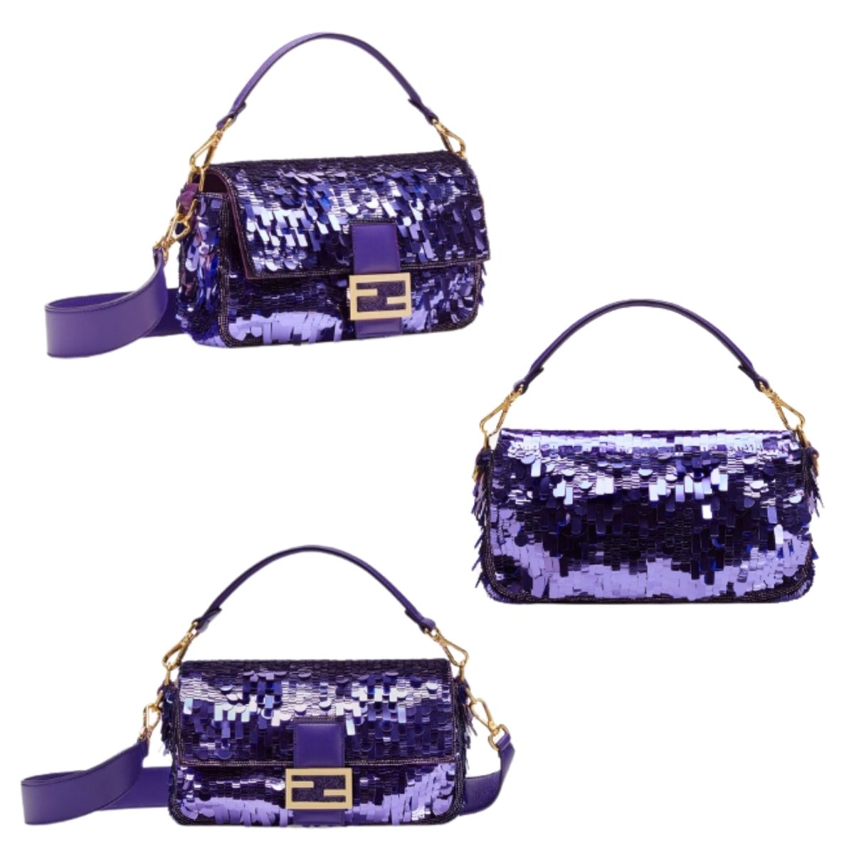 Fendi's iconic medium Baguette bag, with fine, finely embroidered all-over with purple sequins of different shapes and sizes to create a 3D effect and decorated with an FF clasp