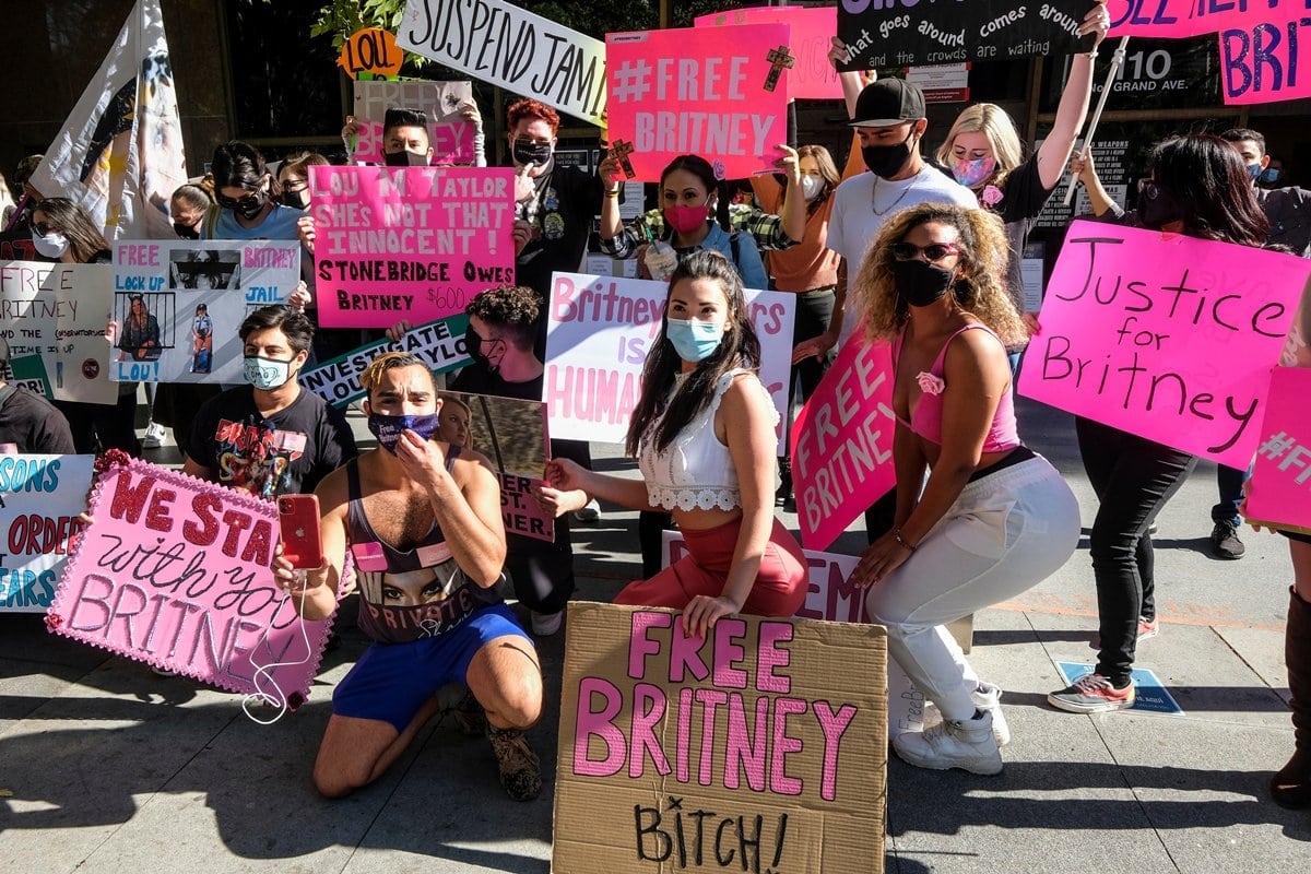 Supporters of Britney Spears take part in protest “#FreeBritney” outside Stanley Mosk Courthouse