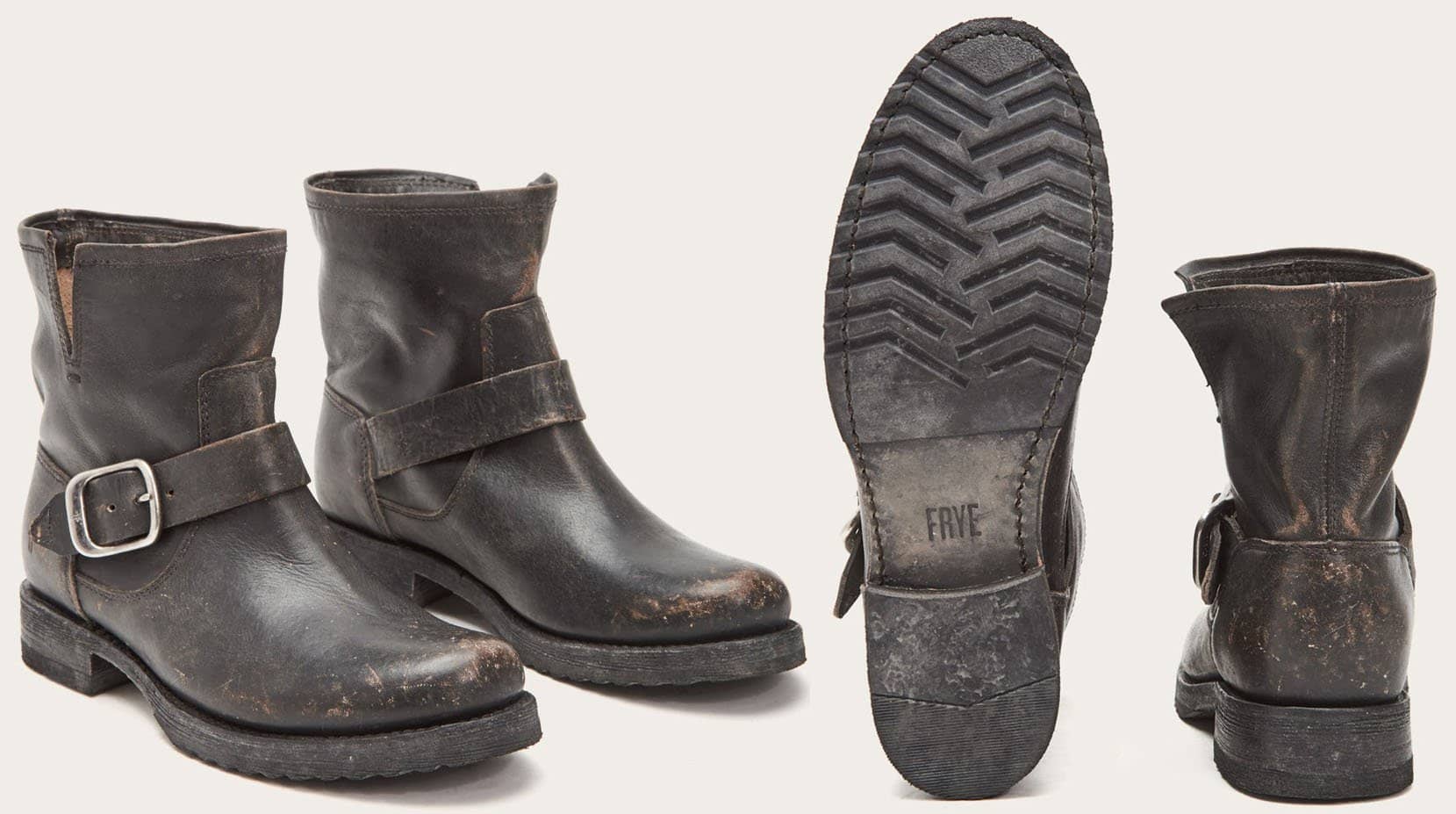 Taking inspiration from a vintage motorcycle jacket, the Veronica bootie is crafted from stone-tumbled full-grain brush-off leather and features hand-stitched Goodyear welt soles