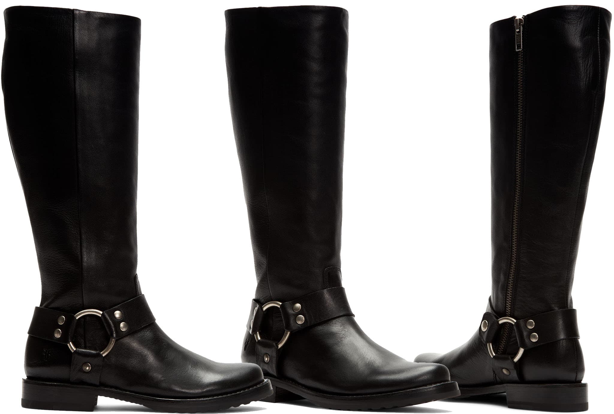 The classic O-ring and harness detail give a timeless appeal to the Veronica knee-high boots built with short chunky heels and rubber lug outsoles