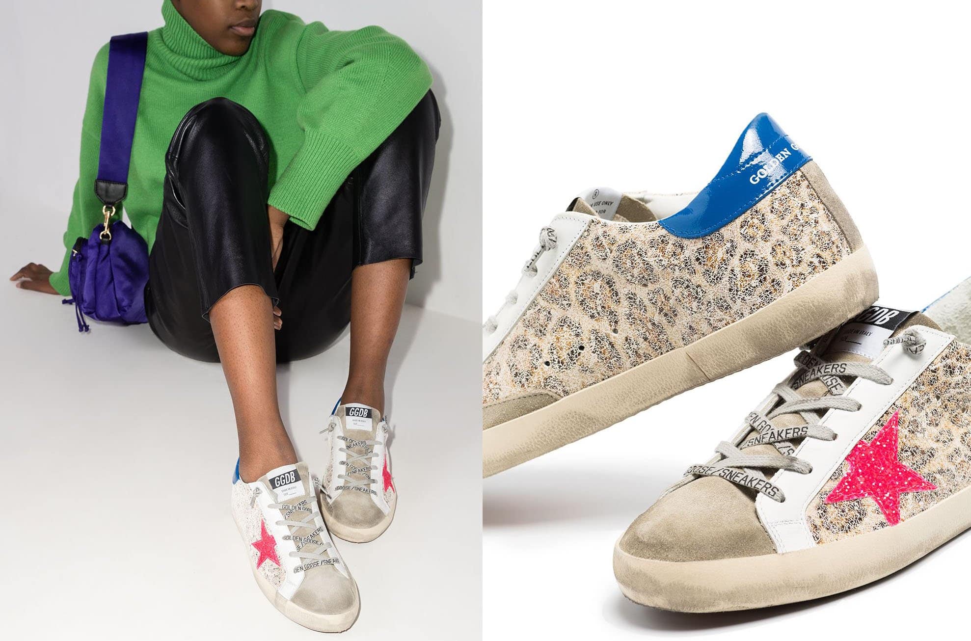 These Golden Goose sneakers feature textured leopard-print panels and the brand's iconic distressed finish and star patches