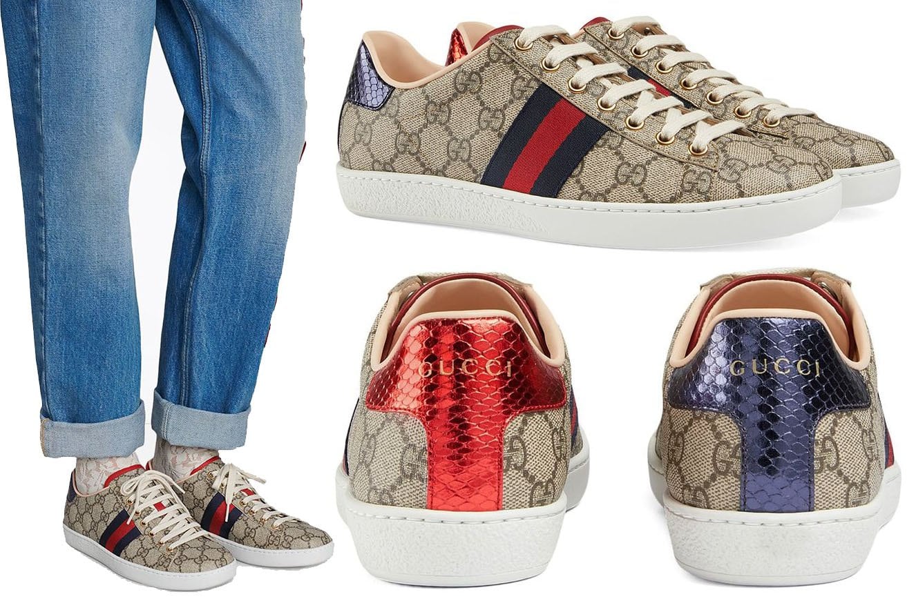 Gucci's classic Ace sneakers are updated with contrasting red and blue snake-effect heels for a trendy athleisure look