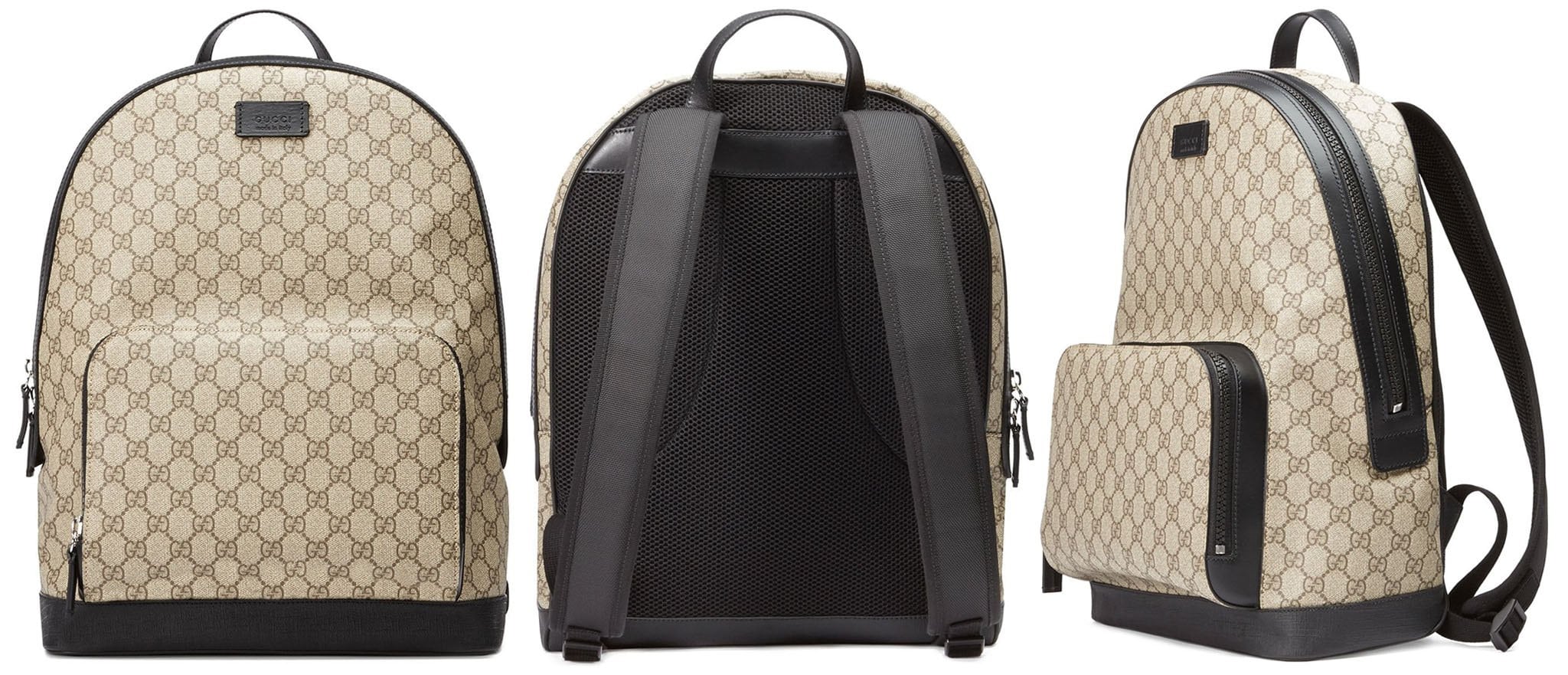 A practical high-end backpack from Gucci made of monogrammed canvas with leather trims and a mesh back