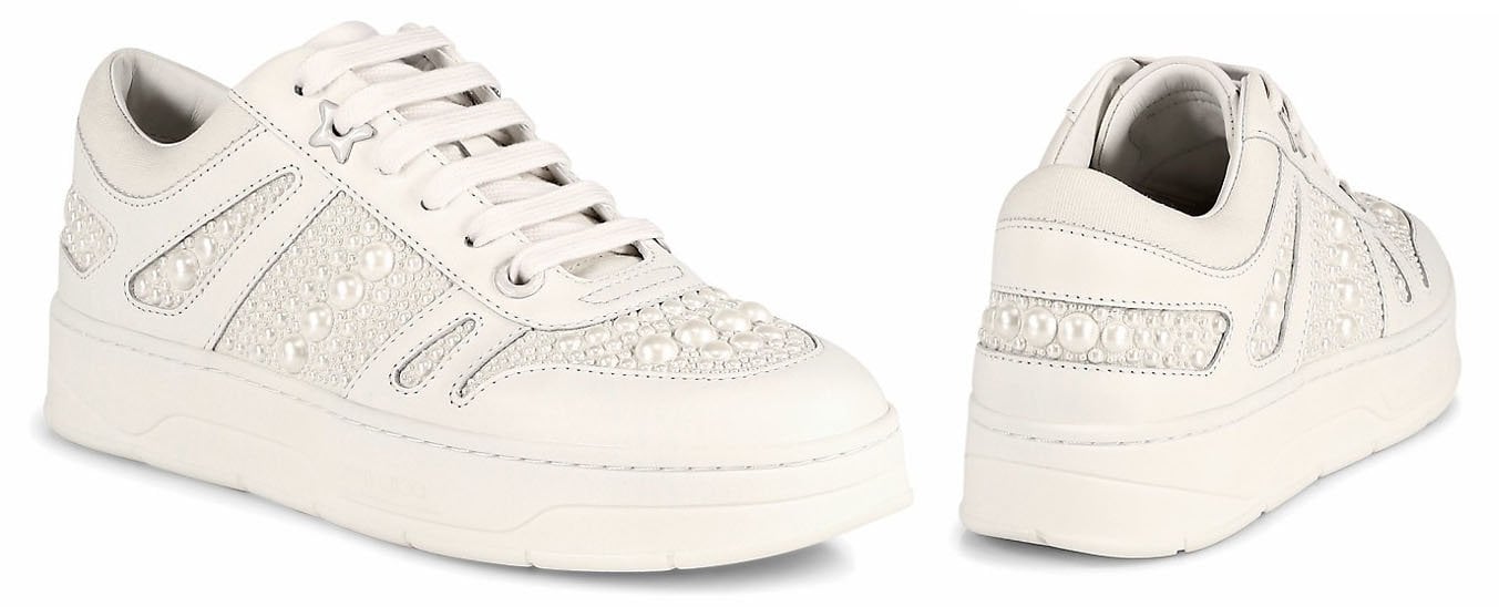 Go casual chic on your big day with Jimmy Choo's Hawaii/F sneakers detailed with light-catching pearls all over
