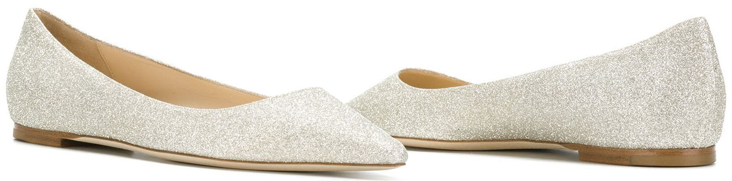 Jimmy Choo's classic Romy ballerina flats are updated with platinum ice dusty glitter finish, making it a perfect bridal offering
