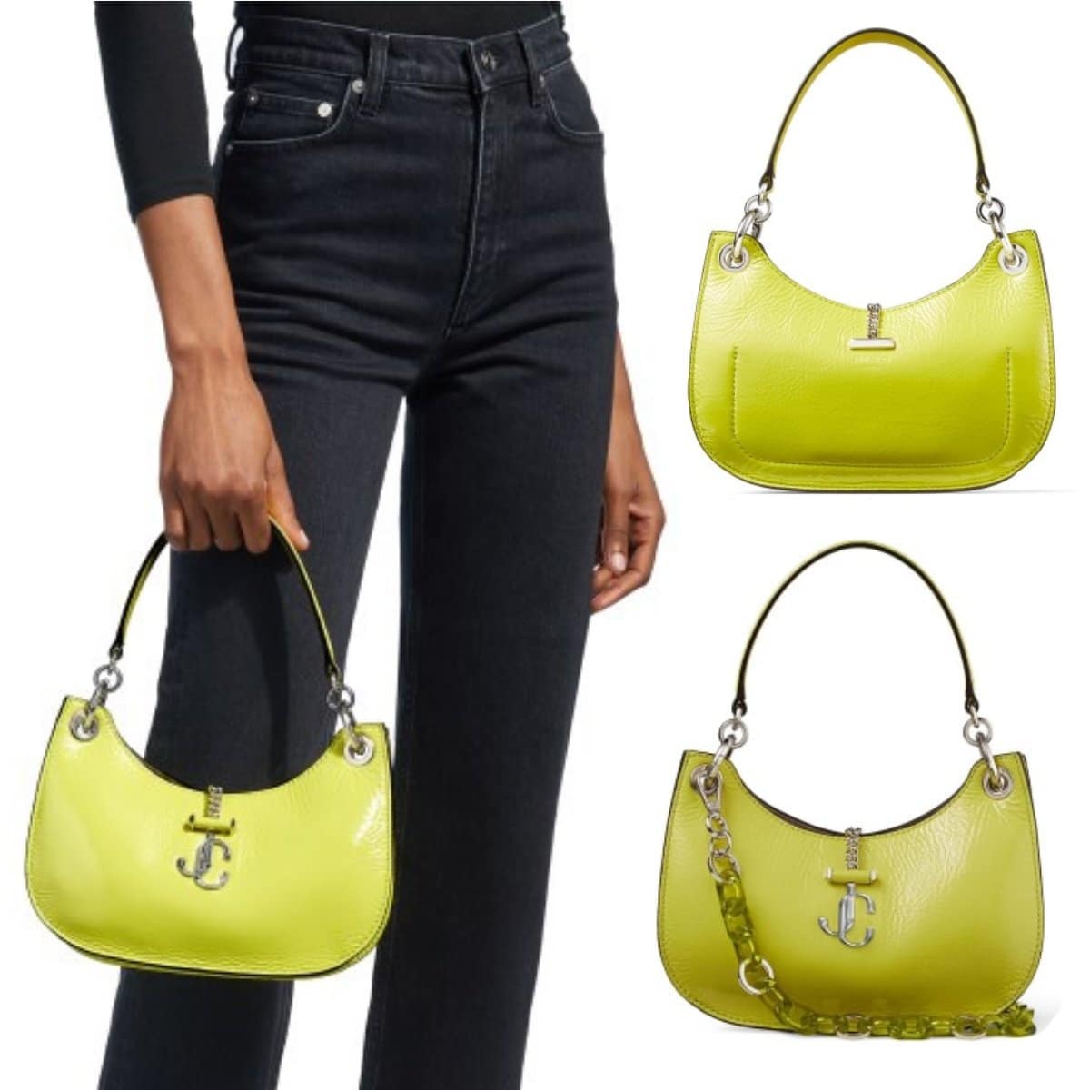 Jimmy Choo satchel crafted in Italy from lime patent textured leather and finished with an adjustable strap