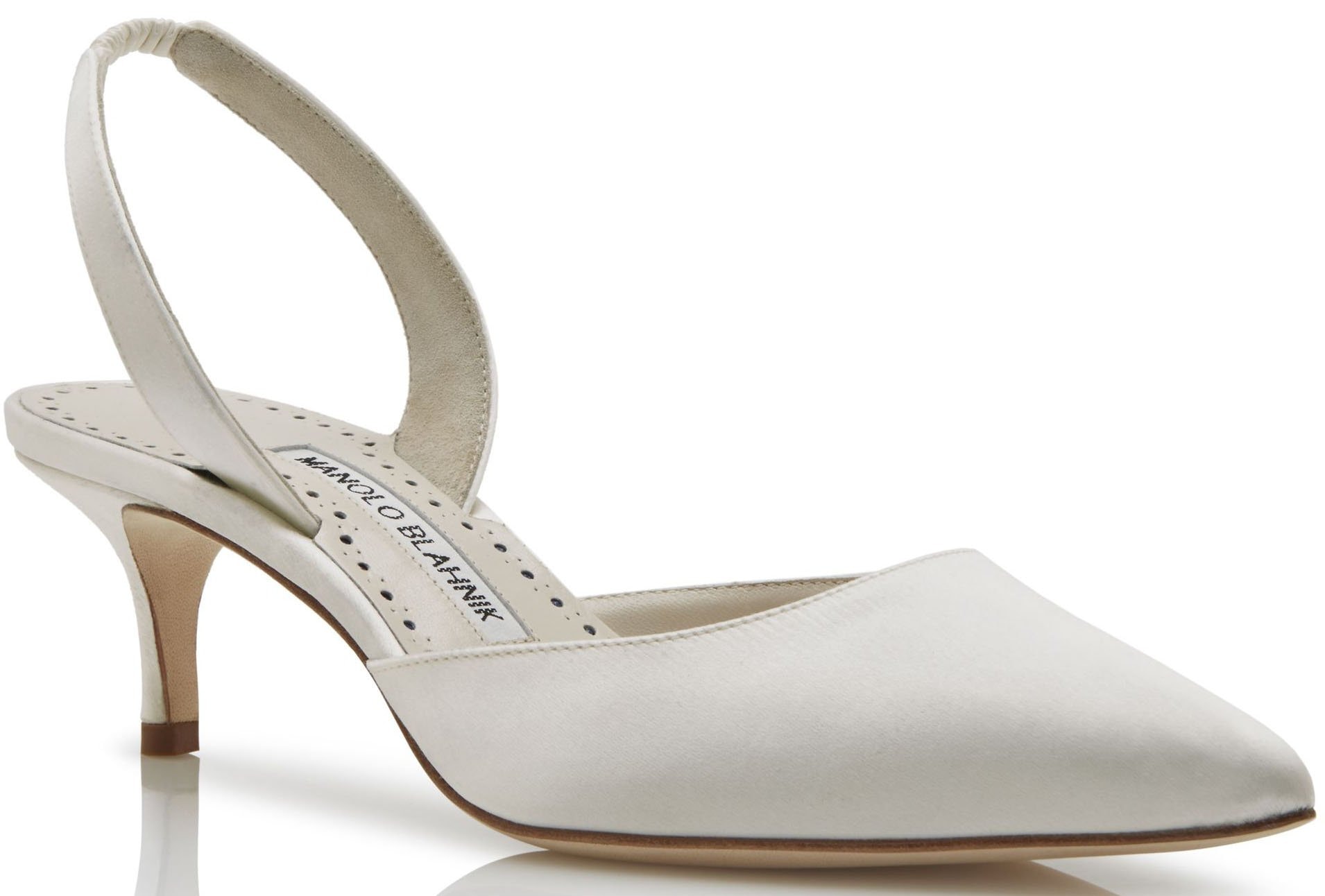 Simple but elegant, these white satin pumps from Manolo Blahnik will look perfect with just about any type of wedding dress