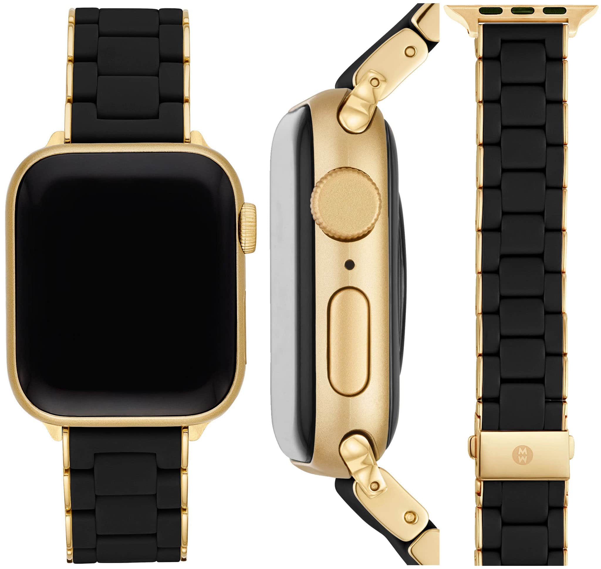 A silicone-wrapped stainless steel bracelet Apple Watch strap edged in gold-tone plating with a push-button box-clasp closure from watch brand Michele