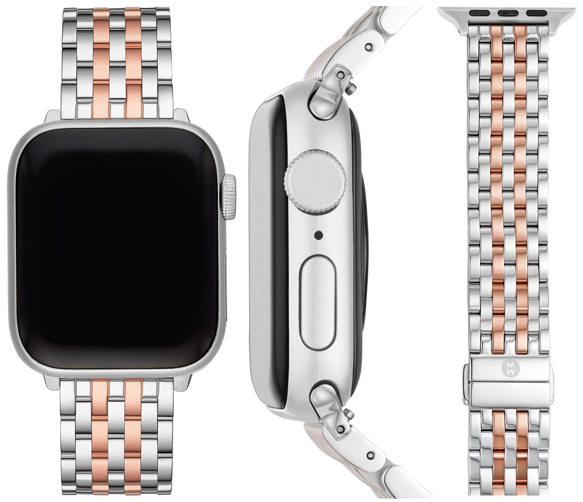 Sleek and chic, Michele's stainless-steel Apple Watch bracelet strap features a two-tone design plated in rosy 18-karat gold