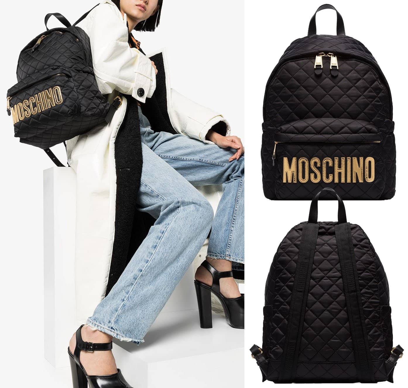 A lightweight and minimalist diamond quilted backpack finished with Moschino's gold-tone logo lettering across the front