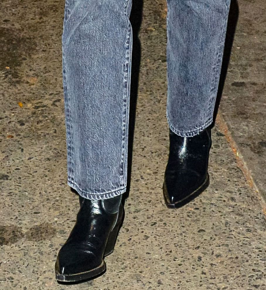 Olivia Culpo completes a night out look with pointy black leather Chelsea boots