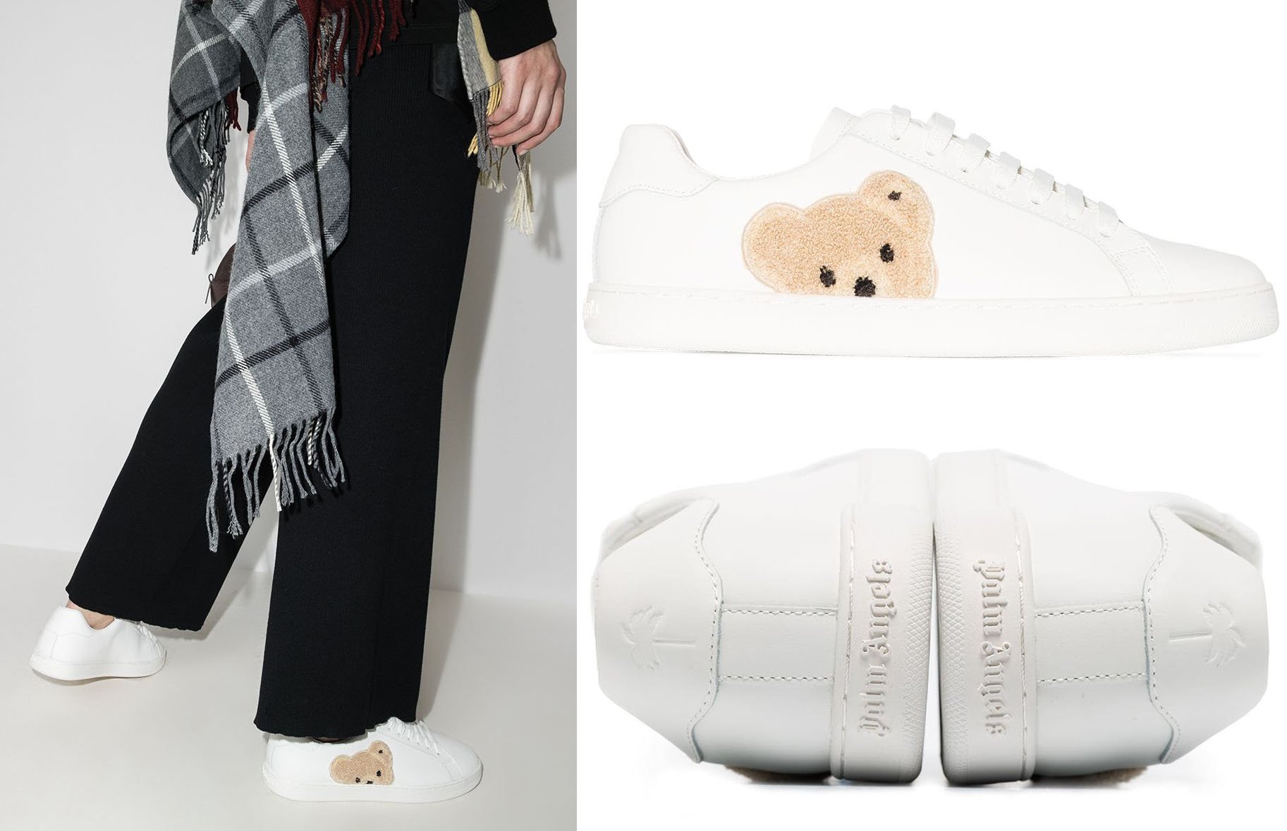Palm Angels' New Teddy low-top sneakers boast the luxury fashion label's signature teddy motif, adding a quirky element to the classic all-white sneaker look