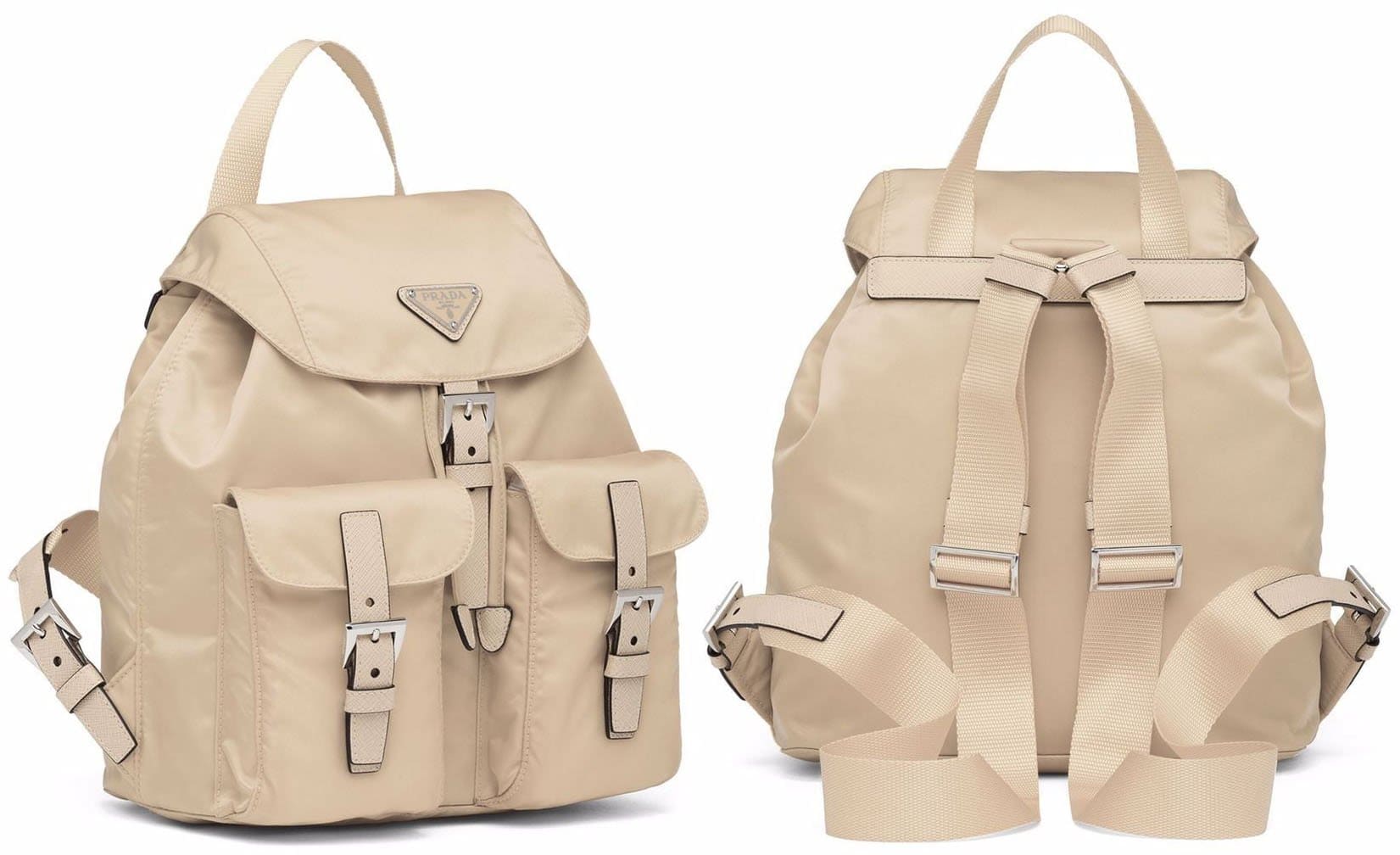 Offering refined elegance, Prada's Re-Nylon backpack is presented in a minimalist desert beige iteration adorned with the brand's signature logo plaque