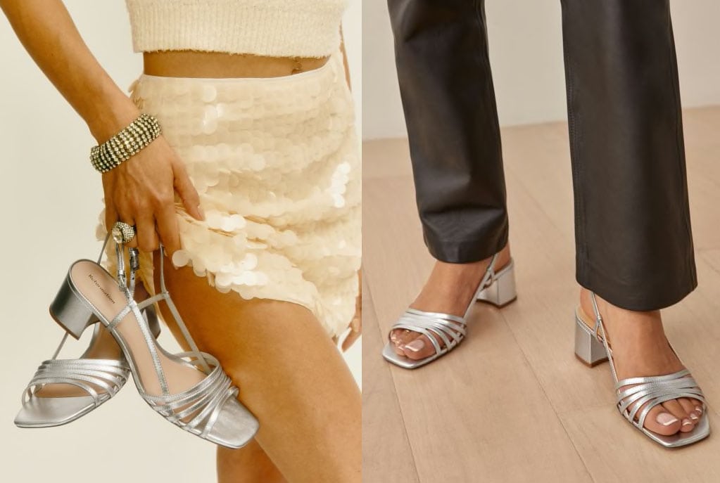Complete a vintage wedding look with the '70s-inspired Eleonora metallic slingback sandals from Reformation