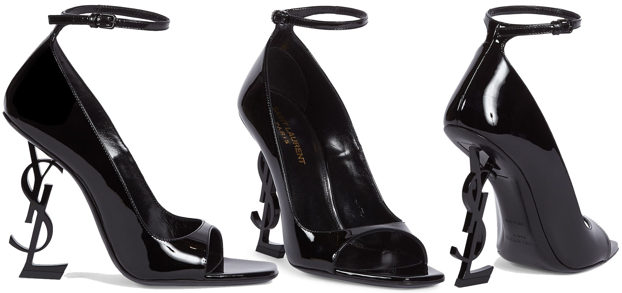 A classic pair of open-toe patent pumps adorned with a sculpted monogram YSL heel