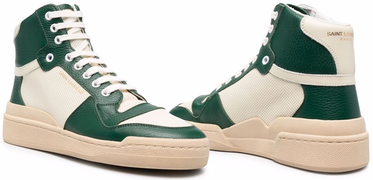 A vintage-inspired sneaker from Saint Laurent, the SL/24 Logo high-tops boast a color-blocked paneled design crafted in grained and perforated leather with gold-toned logo prints