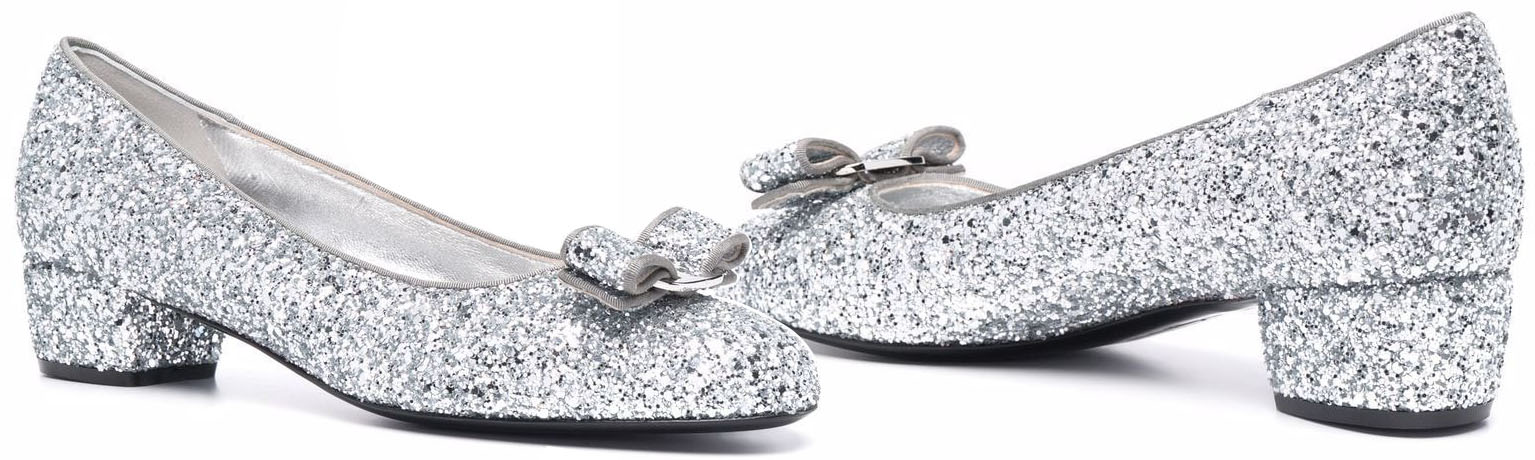 Salvatore Ferragamo's classic Vara shoes updated with sparkling silver glitters all over
