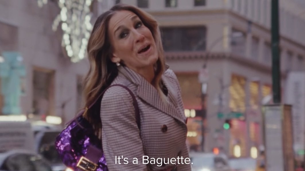 Sarah Jessica Parker as Carrie Bradshaw in a 2019 ad campaign for Fendi promoting the Fendi Baguette