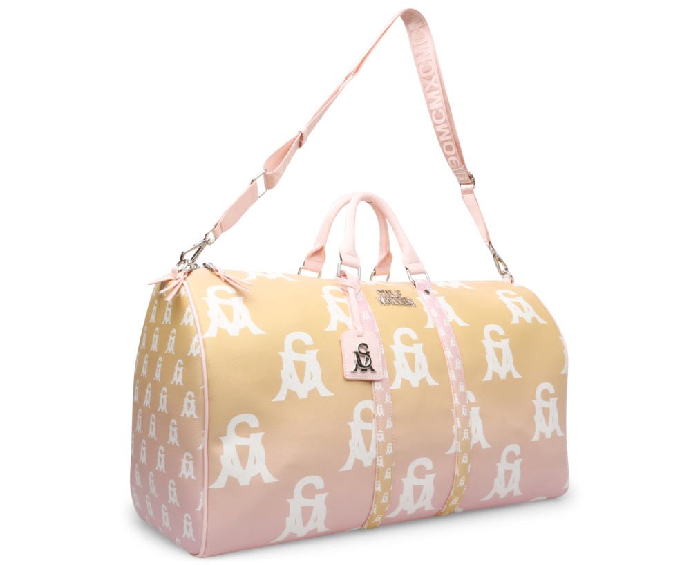 Steve Madden's Bhue Tote Pink is a chic weekender bag made of synthetic material in ombre color with logo monogram print and a sporty detachable strap