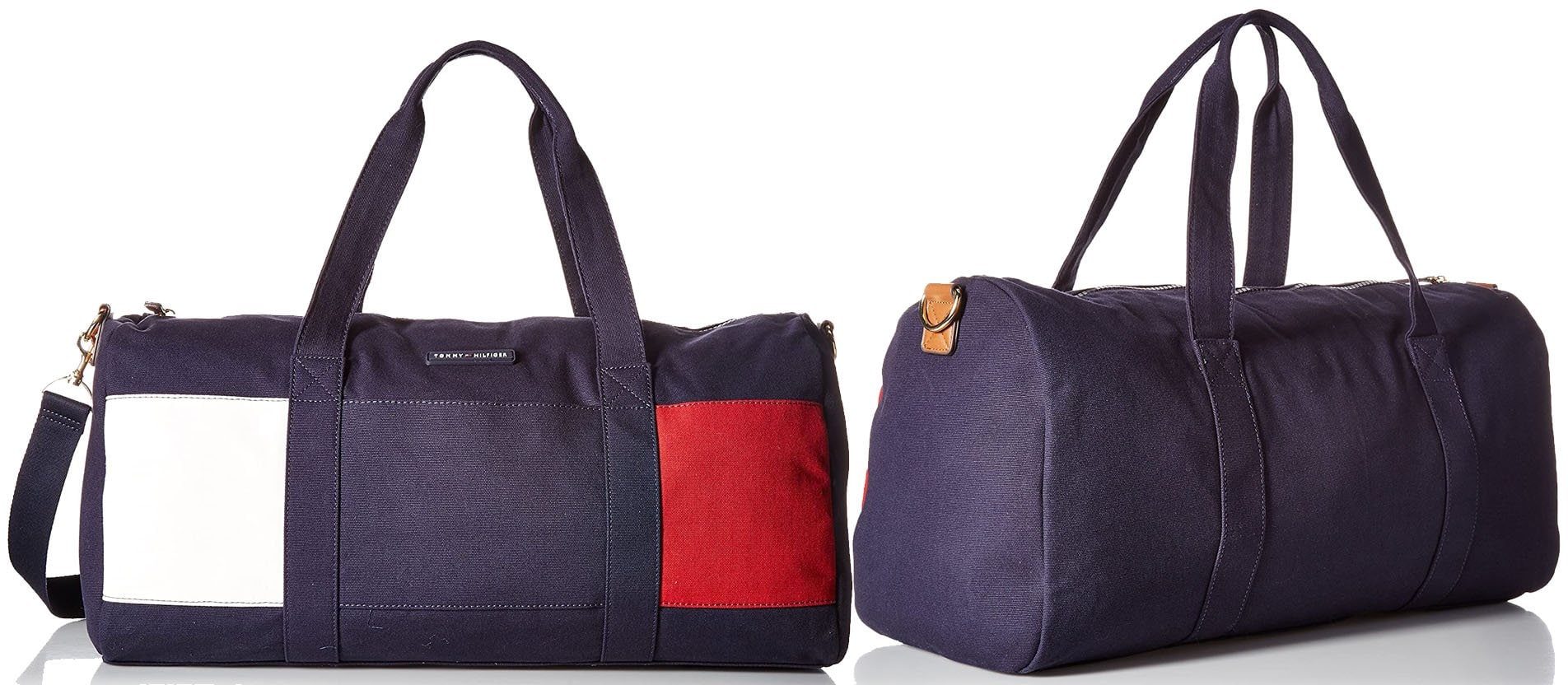 A classic Tommy Hilfiger design, this preppy-meets-practical weekend duffel bag features the label's signature tri-color stripe flag and top zip closure