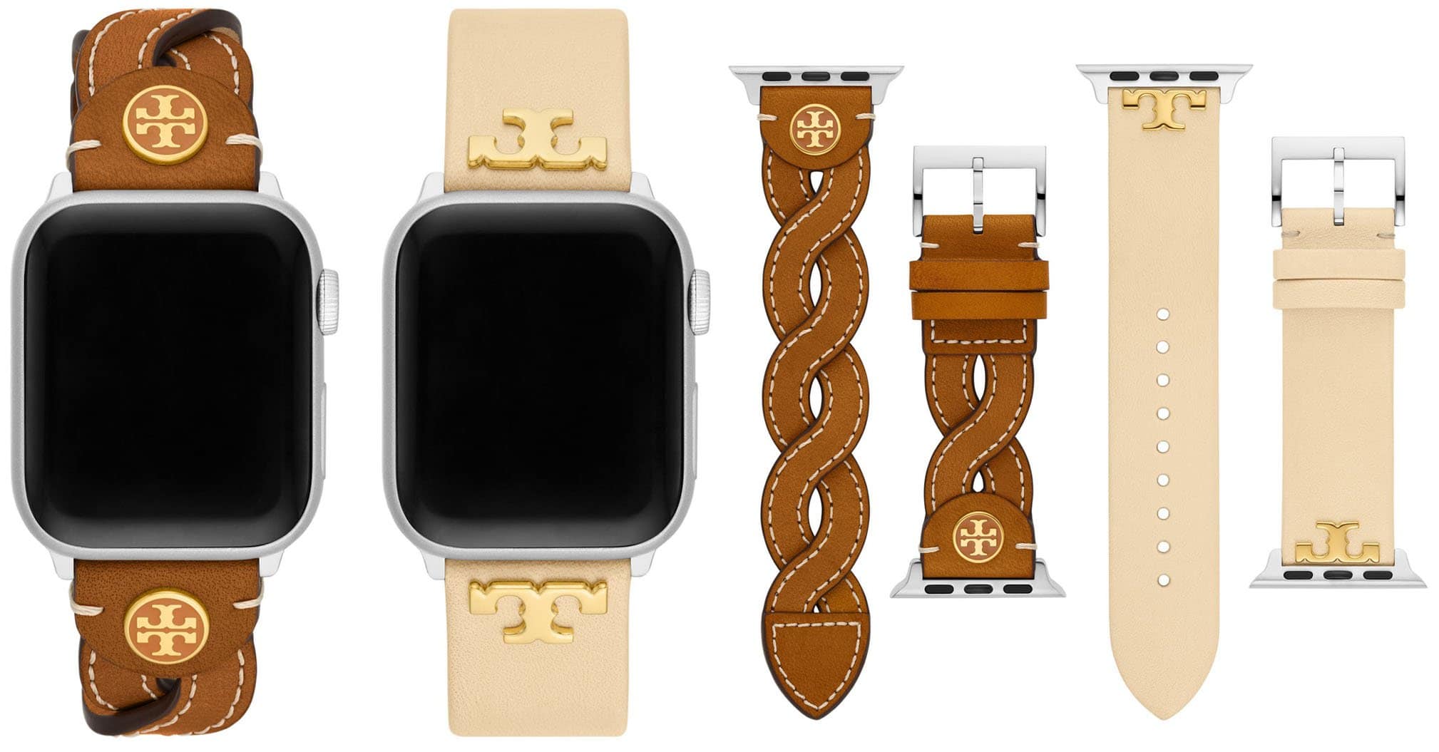 This Tory Burch Apple Watch gift set includes two straps, one braided and one solid, both featuring the brand's signature double-T logo medallion