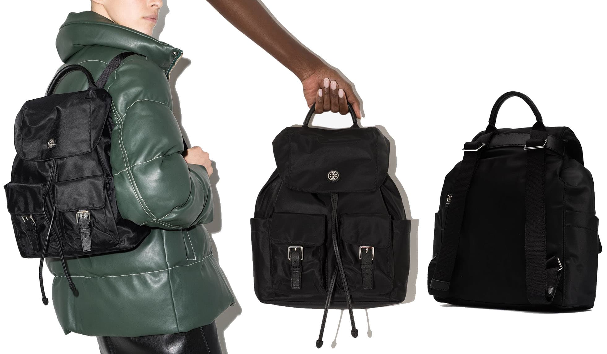 Revisiting the '90s practical backpack designs, this Tory Burch nylon backpack features a multi-pocket construction with a drawstring fold-over top, two front pouch pockets, and the designer's double-T plaque
