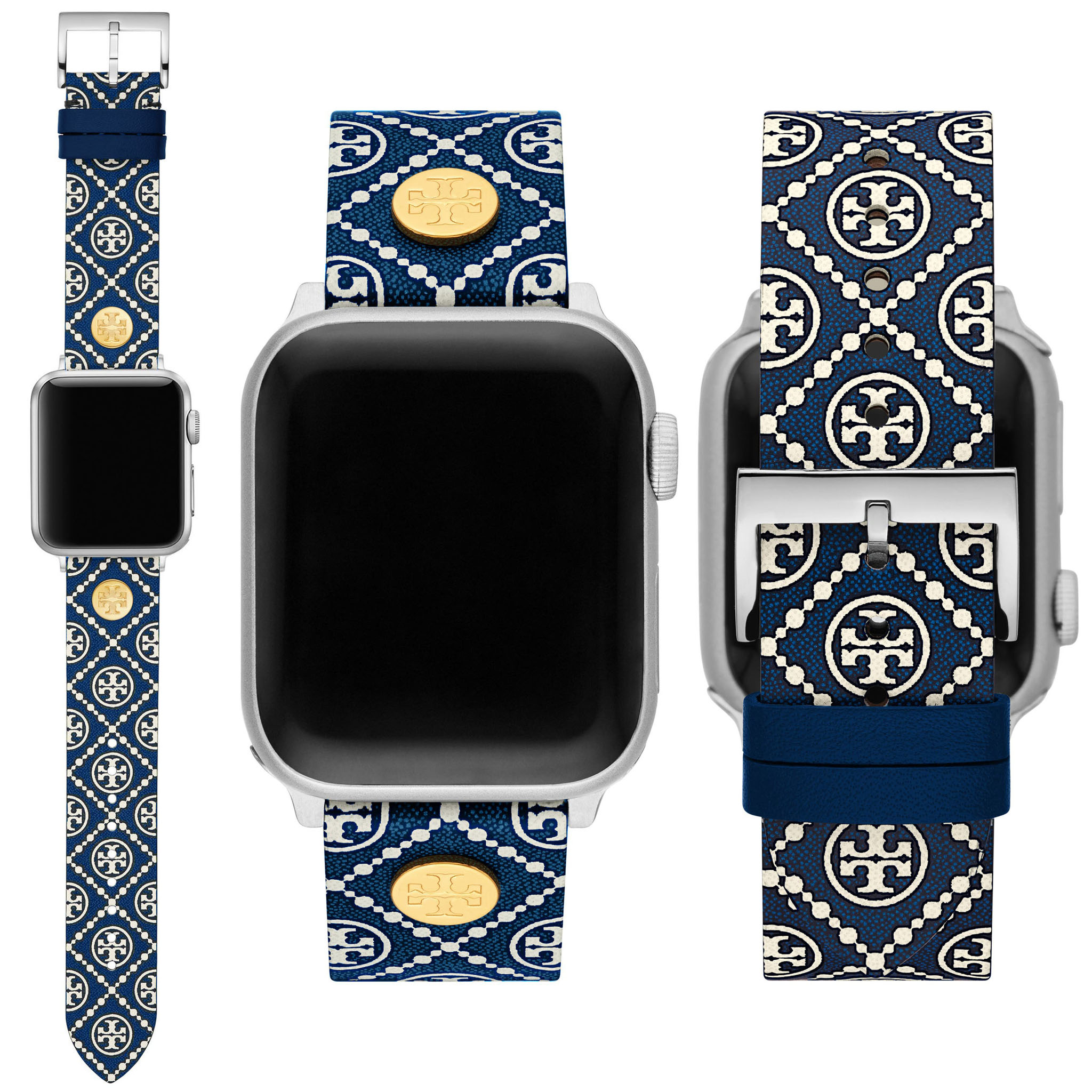 A striking Apple Watch strap, Tory Burch's The Monogram band is made of leather patterned with the signature double-T logo and accented with gleaming gold-tone medallions
