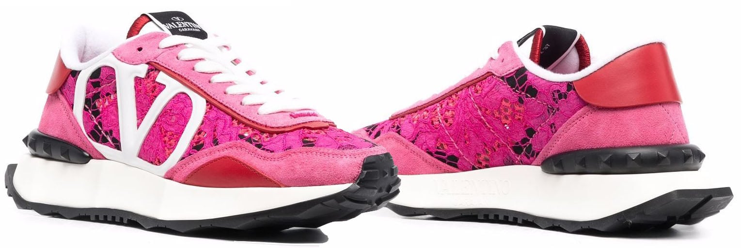 Valentino Garavani's Mesh Lace Runner sneakers feature a casual sportswear silhouette with delicate and romantic floral pink lace design, finished with the brand's signature Rockstud detailing