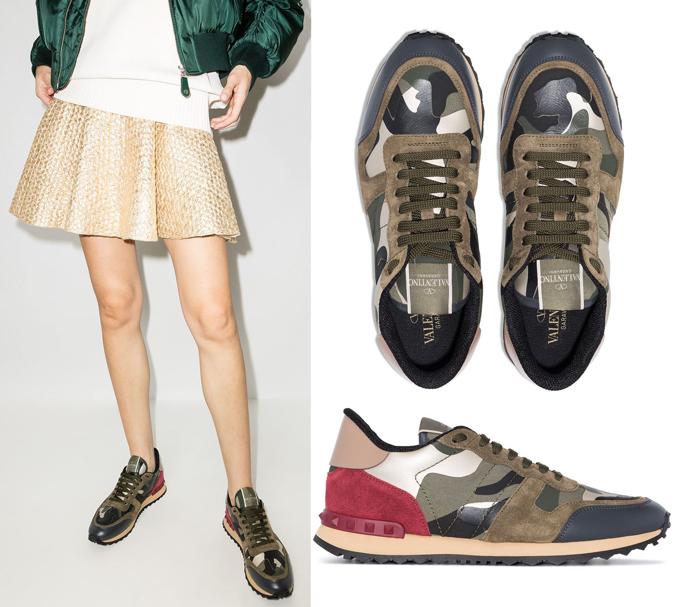 First seen in 2010, Valentino Garavani's Rockstud sneakers are updated with contrasting panels and a camouflage print, finished with tonal Rockstuds