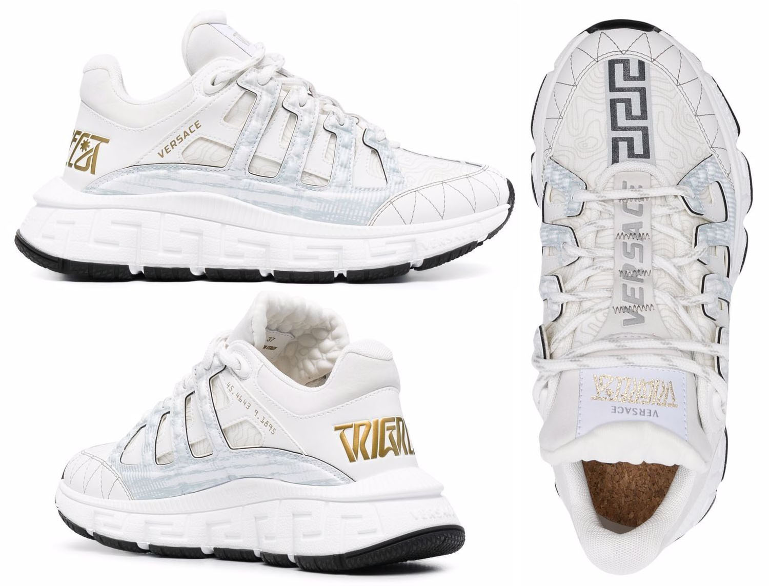 The Versace Trigeca chunky sneakers are easily recognizable with a logo patch at the tongue, an embossed rear logo, printed coordinates of Milan, and a Greca pattern embossed sole